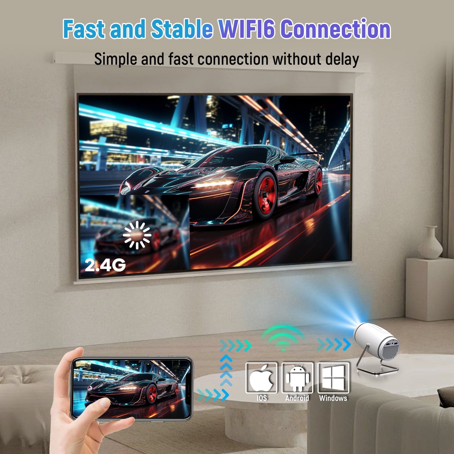 Mini projector with WiFi and Bluetooth, Outdoor Portable Movie Projector 1080P Support, Auto Keystone Home Projector for Phone/TV Stick/Laptop