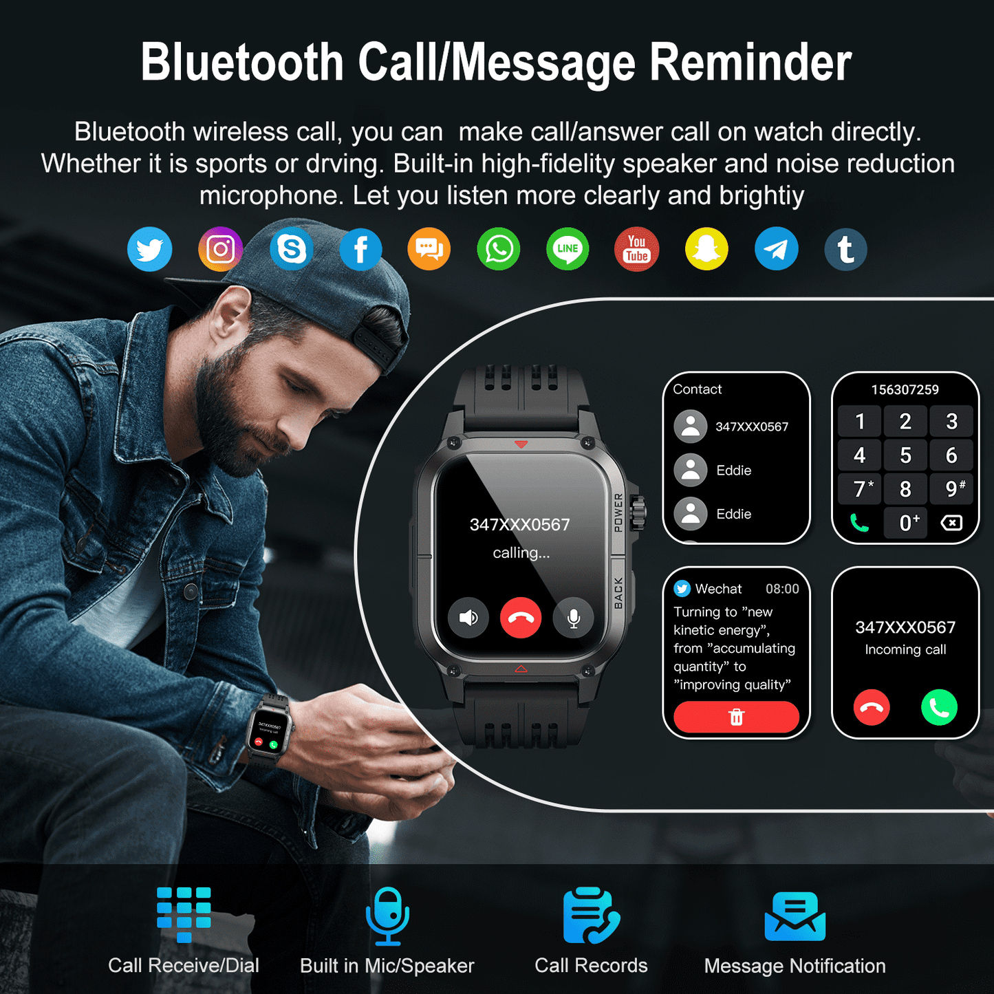 Tikland Smart Watches for Men Answer/Make Calls 1.91'' HD Rugged Smart Watch Fits for Android and iPhone, Waterproof Fitness Tracker with 100+ Sport Modes, Watches for Men, Black