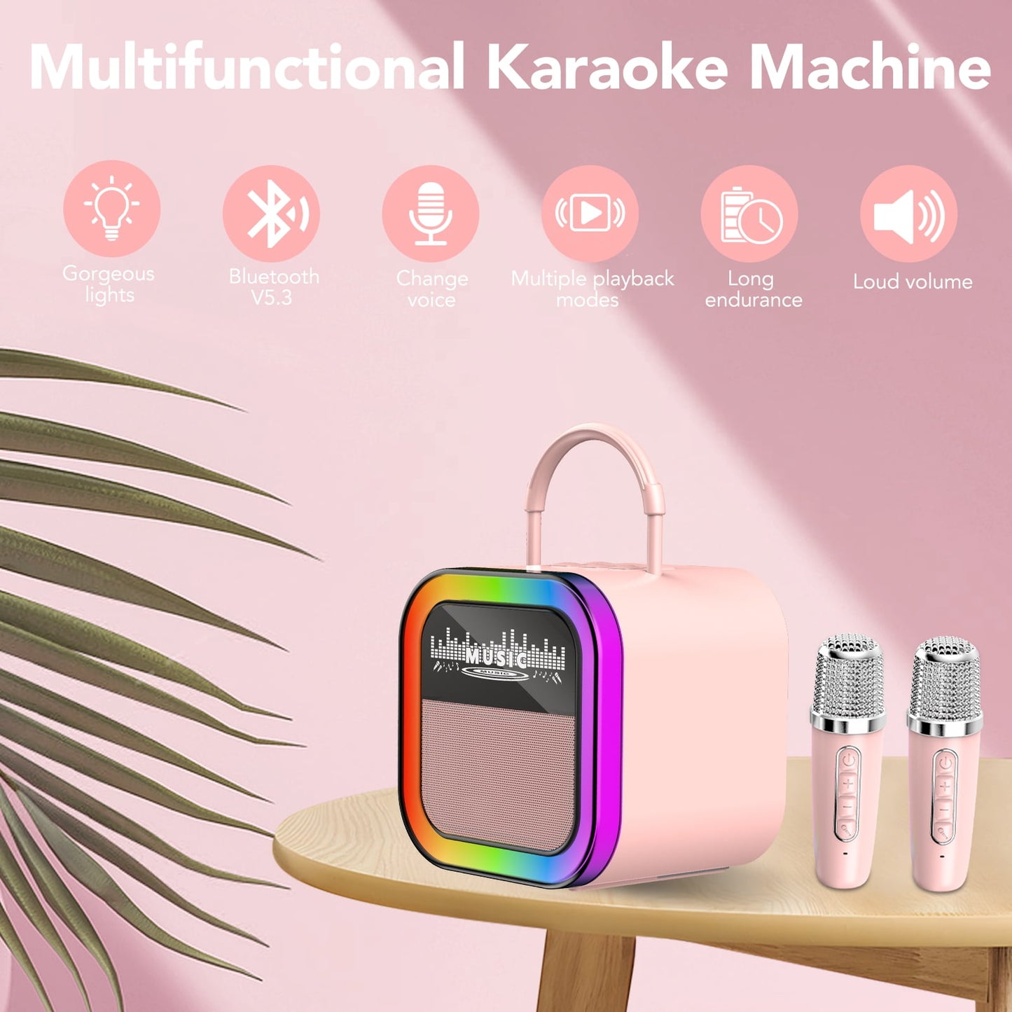 Mini Karaoke Machine for Kids Adults, Portable Bluetooth Speaker with 2 Wireless Microphones, Birthday Gifts for Ages 3-12 Year Old, Voice Changer, Portable Karaoke Machine for Family Party