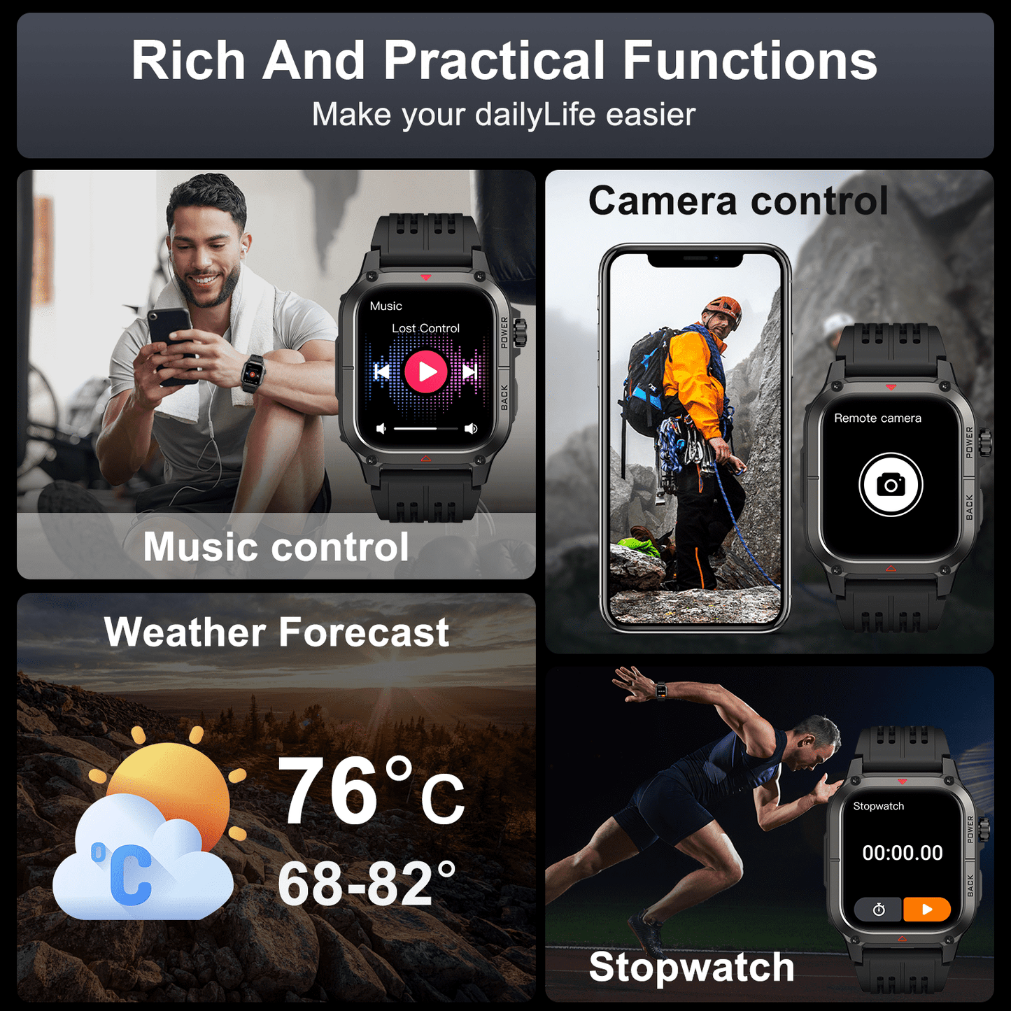 Tikland Smart Watches for Men Answer/Make Calls 1.91'' HD Rugged Smart Watch Fits for Android and iPhone, Waterproof Fitness Tracker with 100+ Sport Modes, Watches for Men, Black