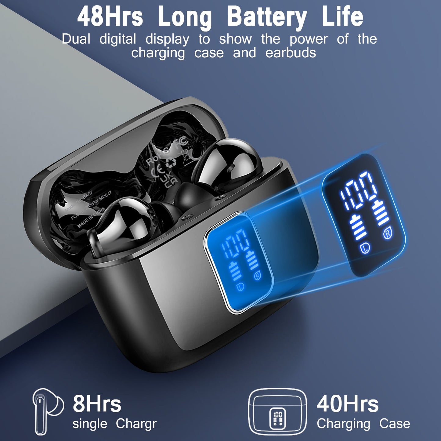 FAMOO Wireless Earbuds, Bluetooth Ear Buds Headphones, 48 Hours of Long Playing Dual LED Display, Stereo Deep Bass, IPX7 Waterproof, in Ear Earphone with Mic for iPhone Android Phone, Black
