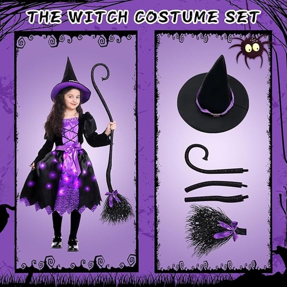 Gstrlinen Halloween Girls Witch Costume, Toddler Witch Dress Light Up Set with Hat and Broom, Kids Costumes for Halloween Party
