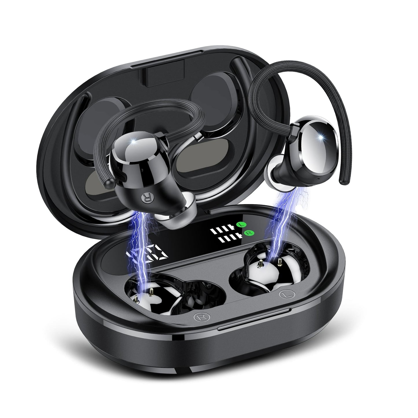 Ultralight Bluetooth Headphones Wireless Earbuds 125Hrs Sport Earphones with LED Display, Noise Cancelling Headphones with Earhooks Built-in Mic, IPX7 Waterproof Headset for Workout, Black
