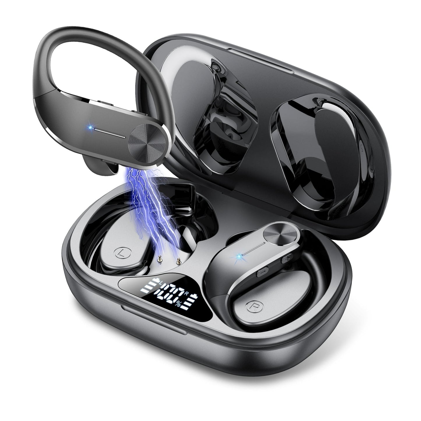 Open Ear Earbuds, Bluetooth 5.4 Wireless Earbuds with Ear Hooks, 60Hrs Playtime Bluetooth Headphones, HD Stereo Bass Over Ear Earphones, IP8 Waterproof Ear Buds for Workout/Running, Black