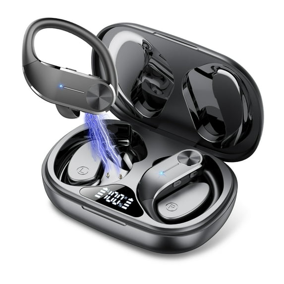 Open Ear Earbuds, Bluetooth 5.4 Wireless Earbuds with Ear Hooks, 60Hrs Playtime Bluetooth Headphones, HD Stereo Bass Over Ear Earphones, IP8 Waterproof Ear Buds for Workout/Running, Black