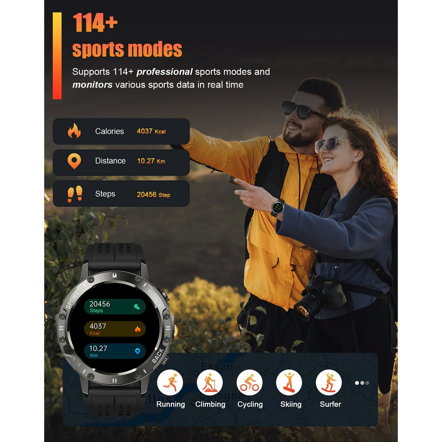 Tikland Smart Watch for Men Answer/Make Call for Android iPhone, 1.39" AMOLED HD Screen Mens Luxury Watch 114 Sports Modes, 400mAh Rugged Smartwatch Pedometer