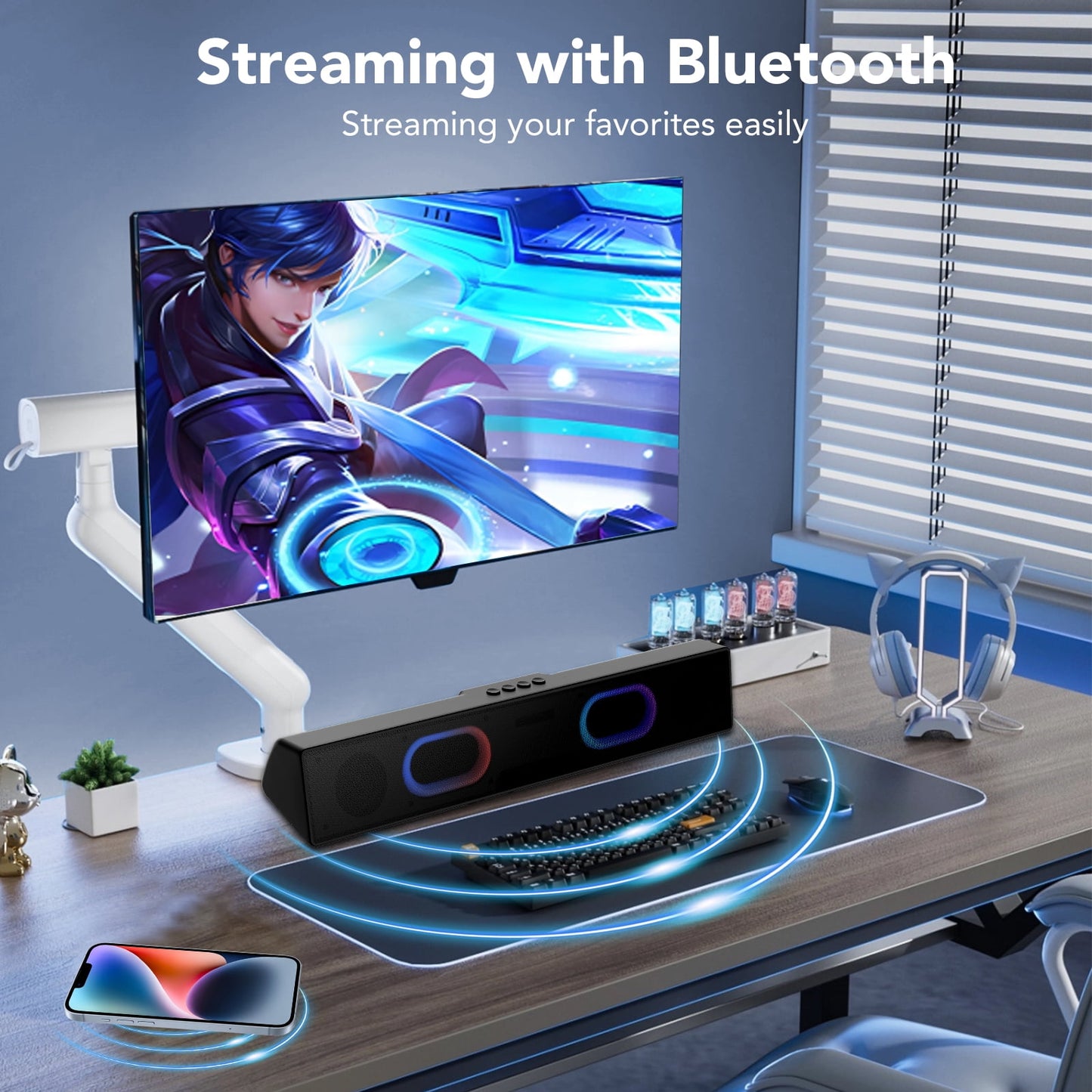 Computer Speakers for Pc Desktop with Clear Sound, Flowing LED PC Speaker for Computer Desktop Laptop Monitor, Bluetooth & USB Input