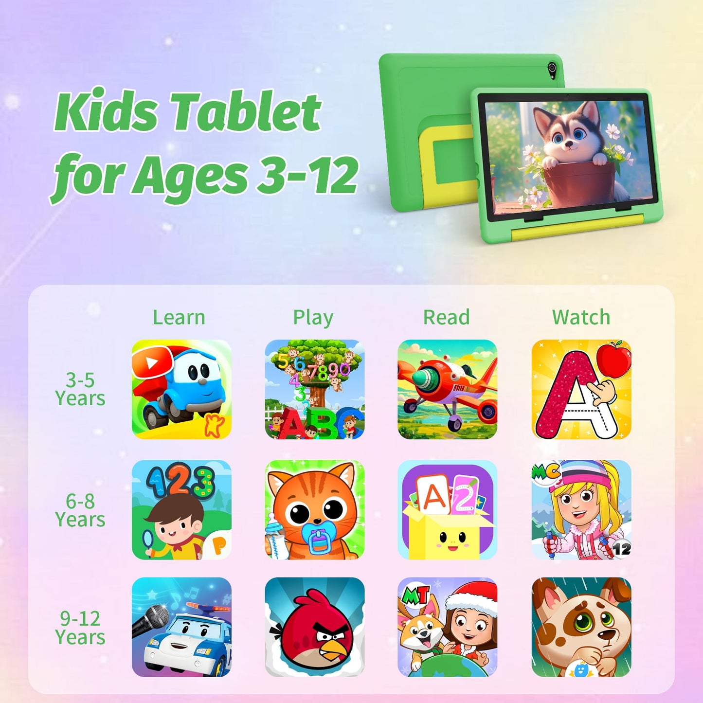 Android 14 10'' Kids Tablet,14GB+64GB with Quad-Core Processor, Expandable Memory to 1TB,Support 5G WiFi,5000 mAh Battery,Eye Care HD Display with Kids Education,Green