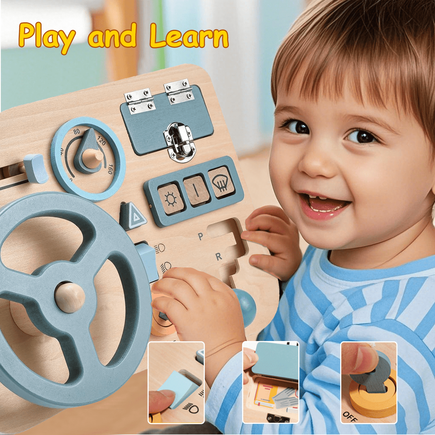 Busy Board for 1 +Year Old, Montessori Learning Toys, Wooden Car Steering Wheel Travel Toddler Toy, Aesthetic Sensory Activity Board Fine Motor Skills for Boys Girls as Back to School Gift