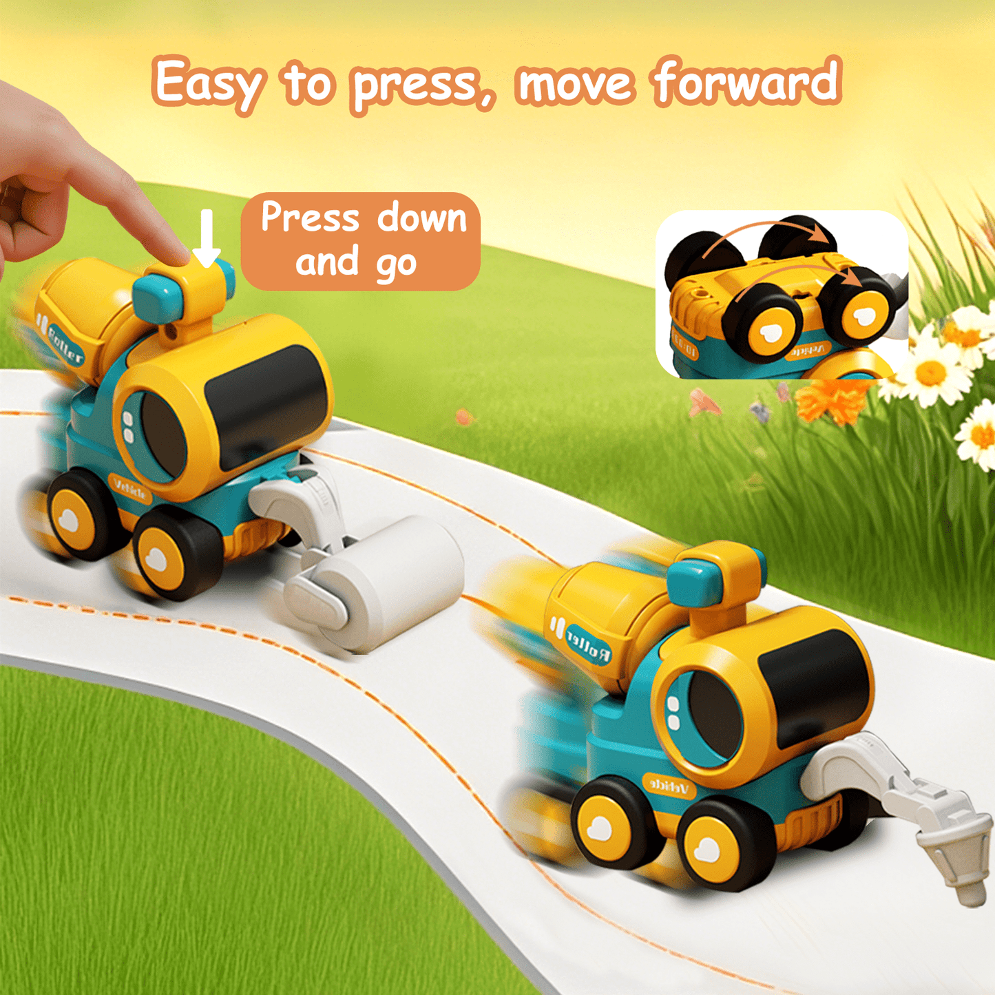 QXQ Construction Toys, Pressing Engineering Trucks Vehicles, Includes Excavator, Road Roller, Bulldozer, Pile Driver, Car Toys for Boys 3-6 Years Kid Toddlers Birthday Gifts (Colorful 4 Pack)