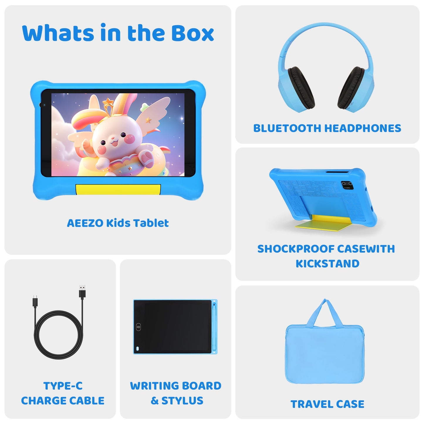 7" Kids Learning Tablet Bundle - Headphones, Stylus & Bag, Pre-Installed & Parental Controls,Android 13 allwinner Go Quad Core, 5GB RAM + 32GB ROM, 128GB Expansion-Blue