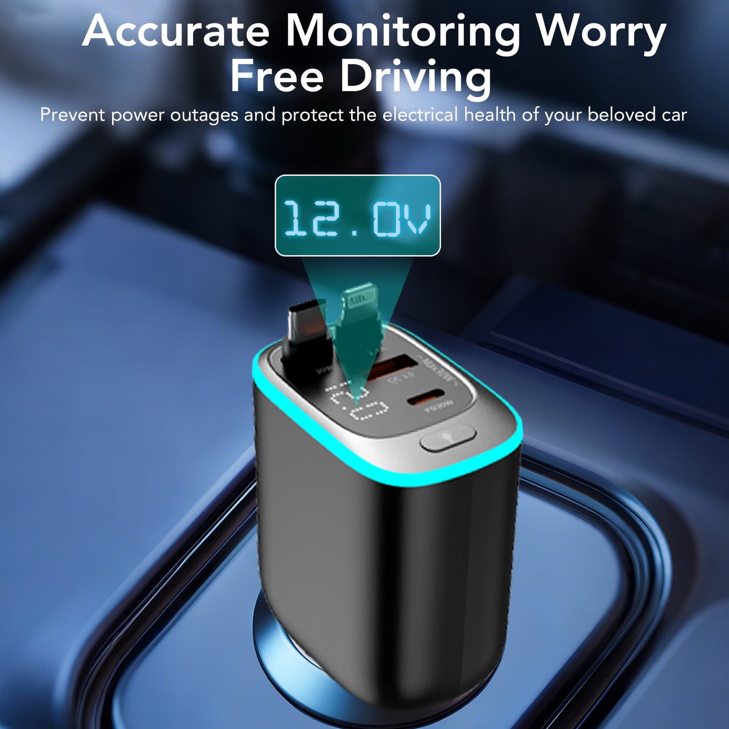 KT1 Retractable Car Charger Usb C, 4 in 1 Car Charger, 180° Adjustable, for iPhone 16, iPad, Airpod, Galaxy, Pixel, Fathers Day Gifts