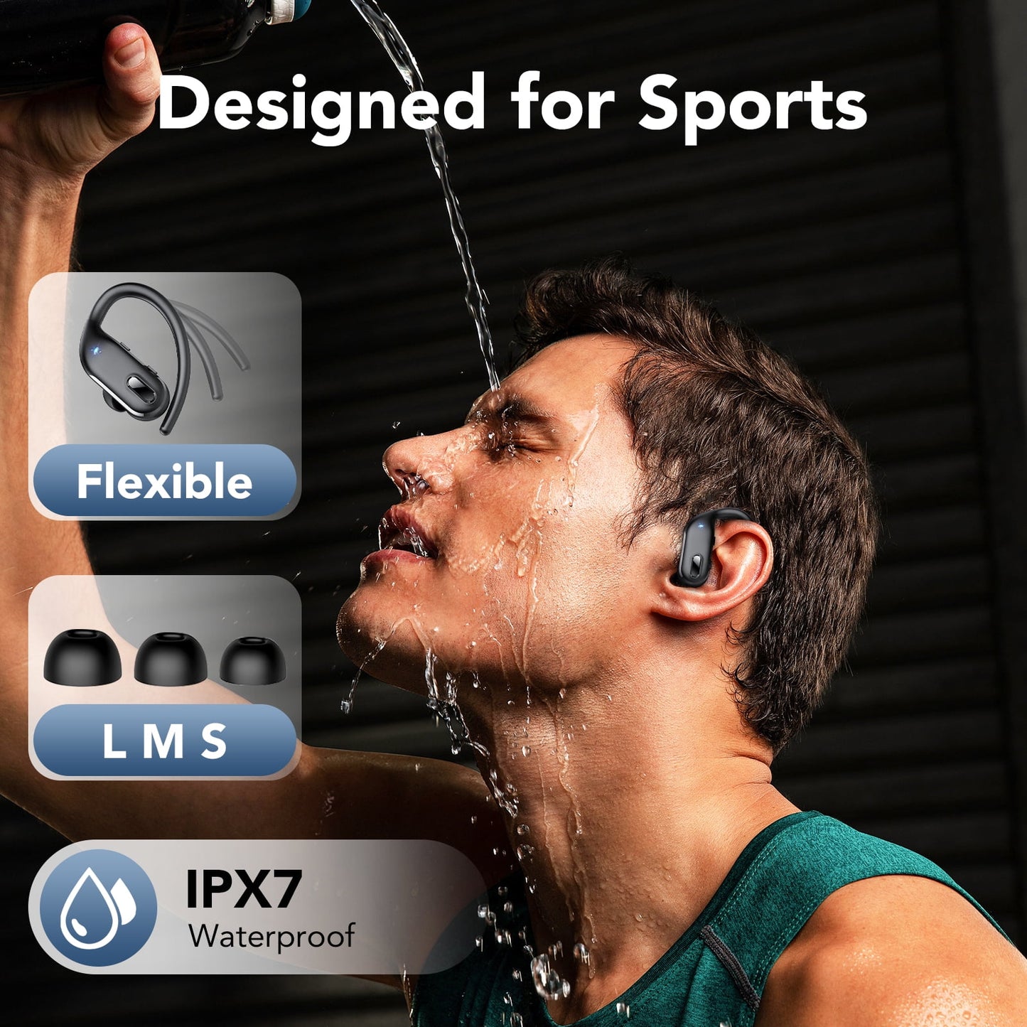 Wireless Earbuds Bluetooth Headphone Sport, Bluetooth 5.3 Earbud 3D HiFi Stereo Over Ear Buds, 80Hrs Earhooks Earphone with Noise Cancelling Mic, IP7 Waterproof Headset for Workout/Running/Gym, Black