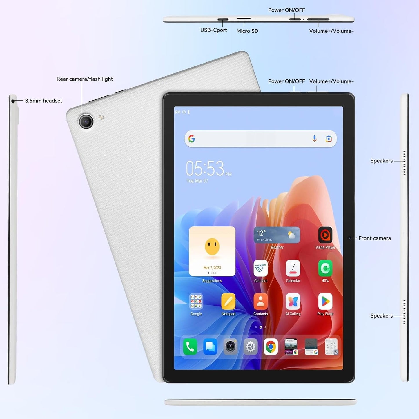 AEEZO Tablet 10 inch Android 14,Octa-Core Processor with 64GB Storage, Dual 5MP+8MP Camera, WiFi 6, Bluetooth,Long Battery Life, Performance Tablet (White)