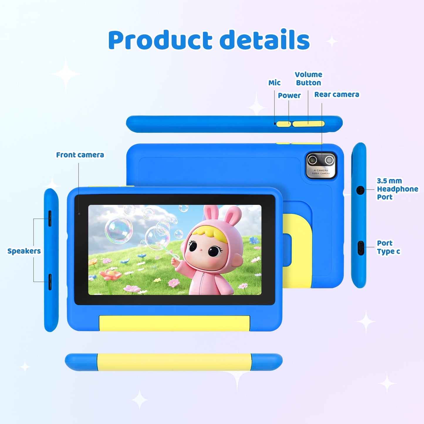 7-inch Kids Learning Tablet Bundle - 8GB RAM + 64GB ROM (Expandable to 128GB) | Parental Control, Pre-Installed Kids Software, Dual Camera | Includes Headphones, Stylus & Bag - Blue