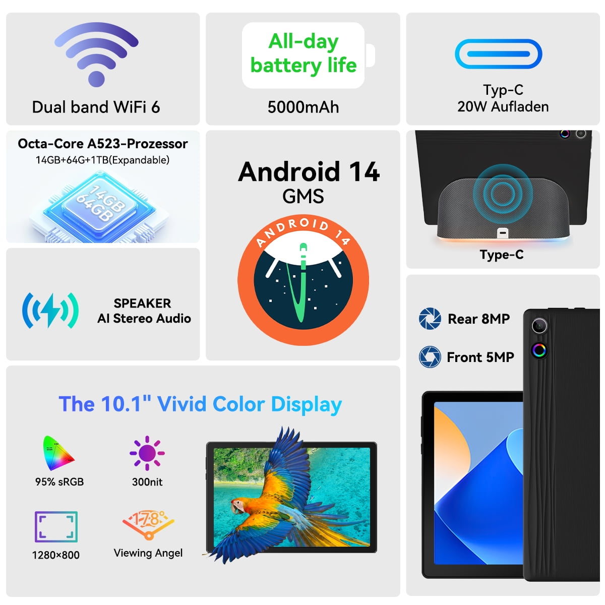 Android 14 Tablet with Rechargeable Stereo Speaker Audio Base, 10 inch Tablet with HD IPS Touch Screen, Otca-Core, 14GB RAM 64GB ROM 1T Expand, Wi-Fi 6, BT 5.3, Dual Camera, Google Tablet
