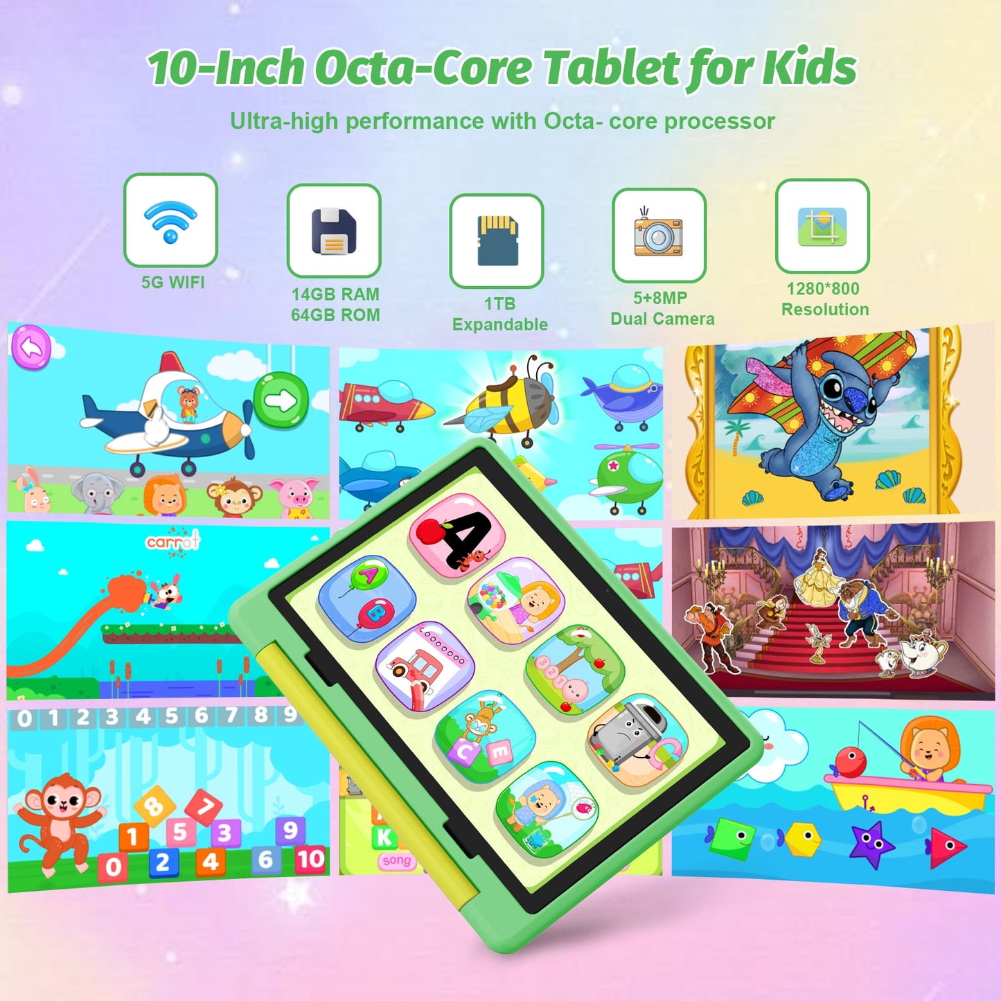 Android 14 10'' Kids Tablet,14GB+64GB with Quad-Core Processor, Expandable Memory to 1TB,Support 5G WiFi,5000 mAh Battery,Eye Care HD Display with Kids Education,Green