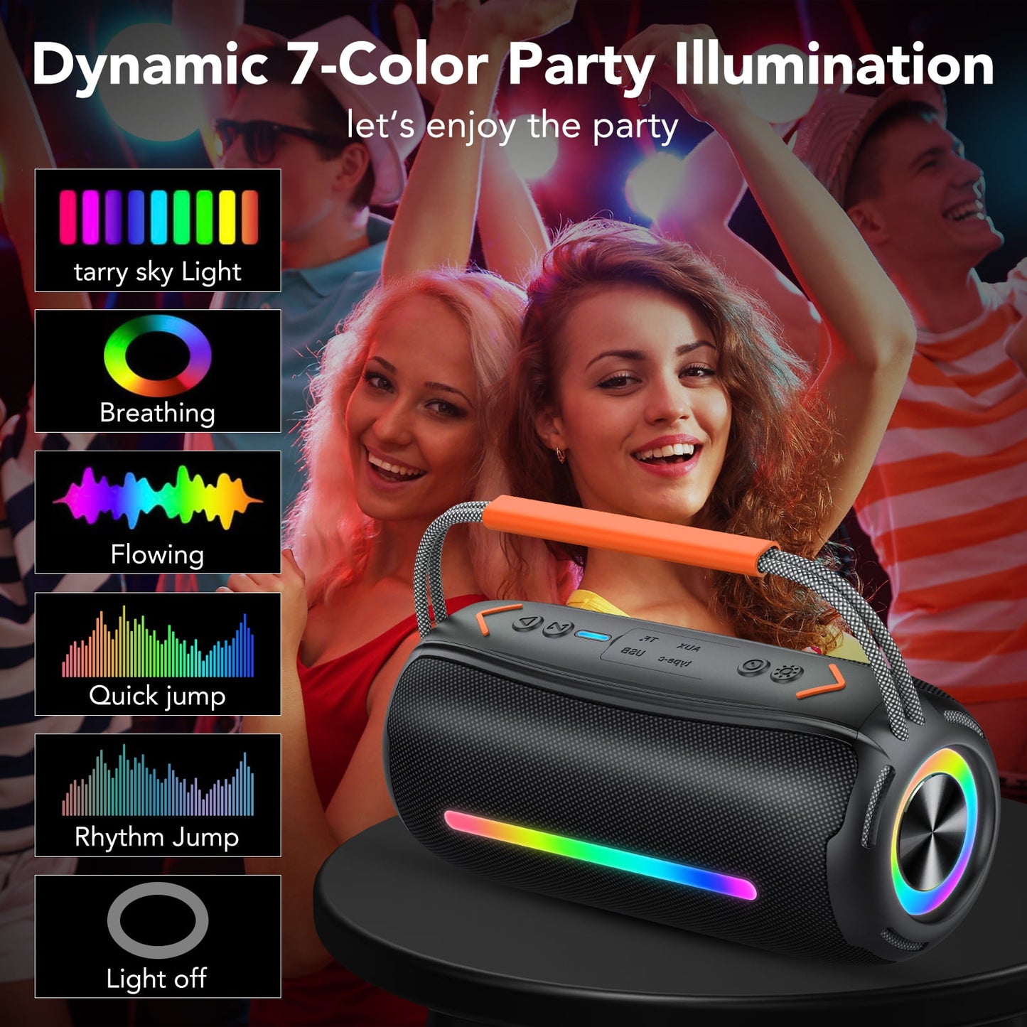 Bluetooth Speaker, Wireless Ultra Bluetooth Speaker with 66mm Drivers, 4000mAh Battery 24Hrs Playtime, RGB Lights, BT5.4, IP7 Waterproof, AUX, TF Card, Suitable for Home/Party/Outdoor/Beach, Gift