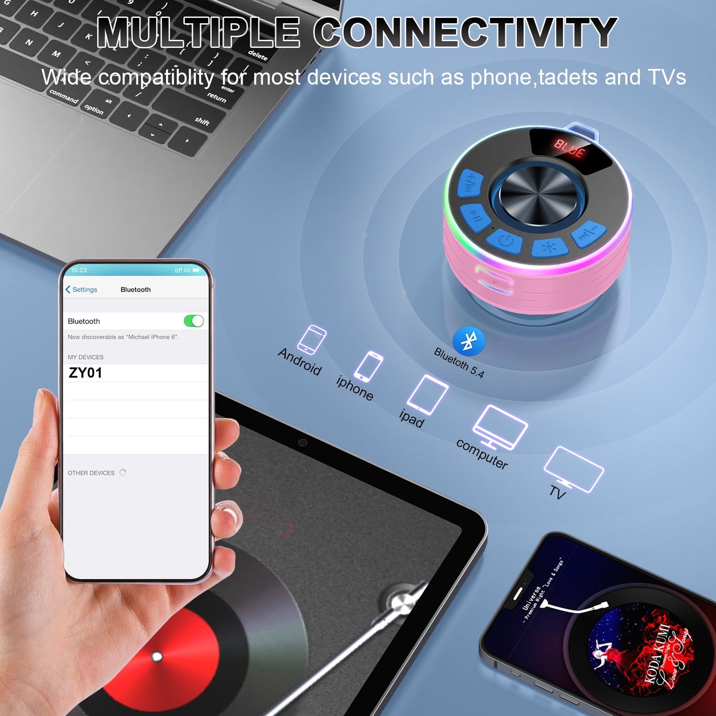 Tukio Bluetooth Speaker, lPX7 Waterproof Shower Portable Speaker with LED Light, Bluetooth 5.4 HD Stereo Sound, Digital Display with Suction Cup, Wireless Speaker for Outdoor Party Beach Bathroom