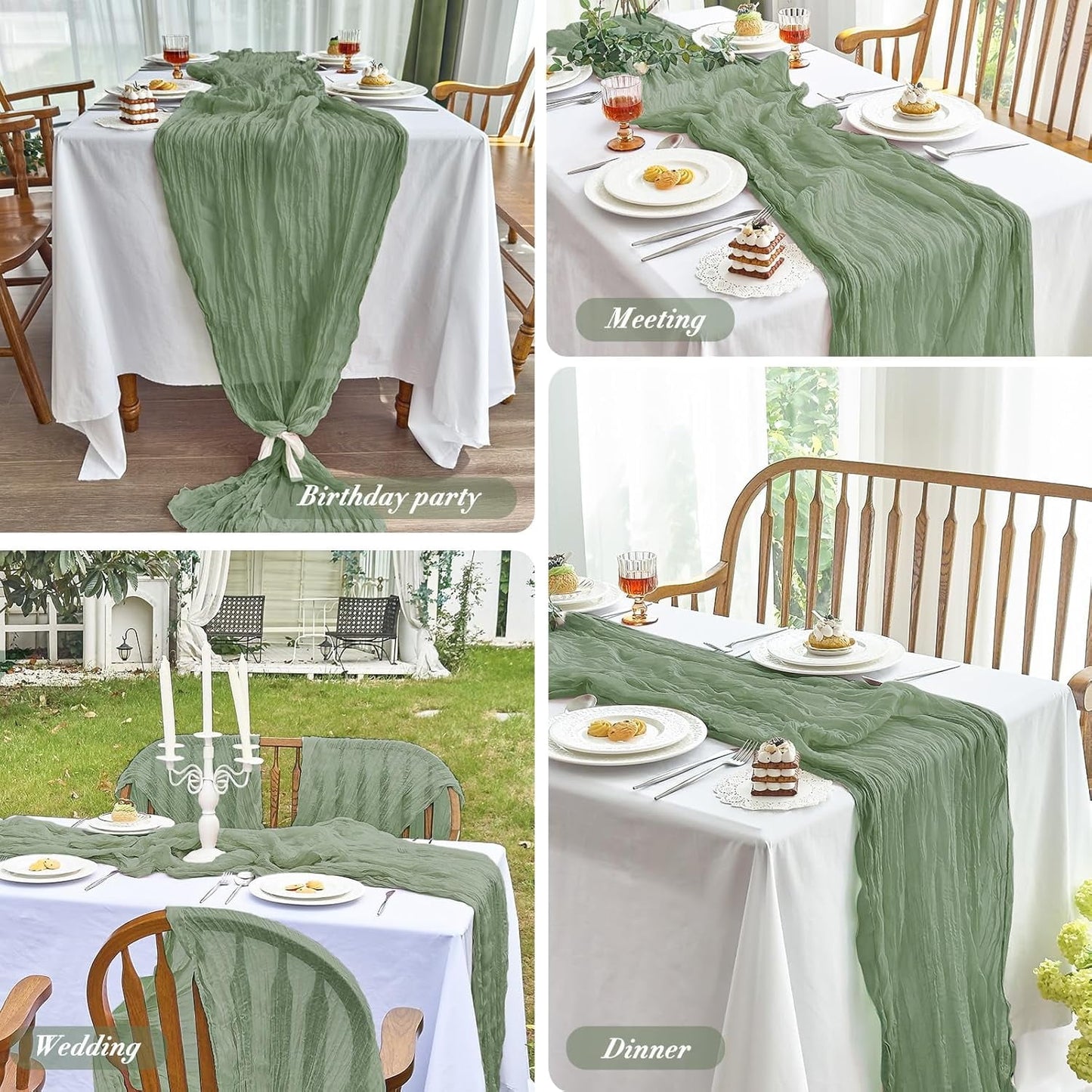 Parojati 1 Pcs Cheesecloth Table Runner 35'' x 120'' inch Nude Boho Gauze Cheese Cloth Table Runners Chair Sashes for Baby Shower Decoration Wedding Party Summer Garden Farmhouse (Sage Green)