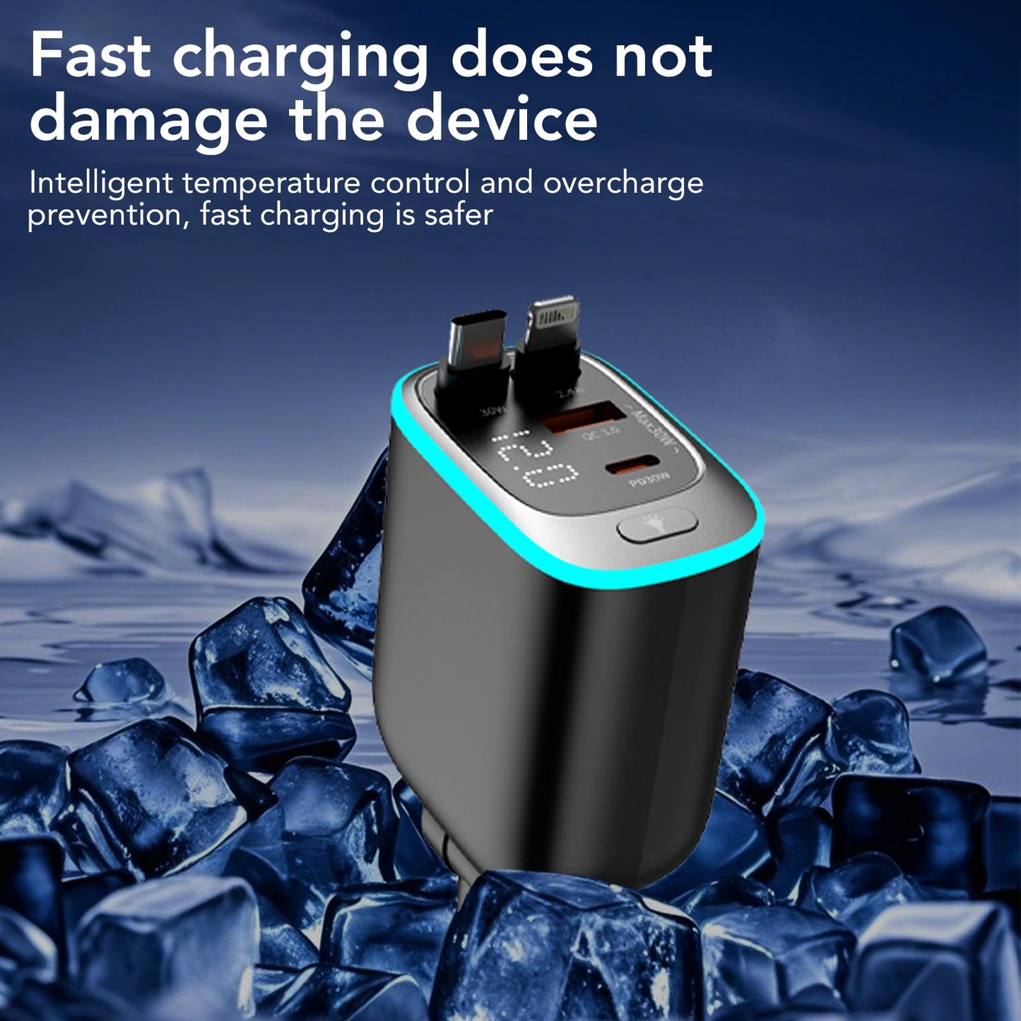 KT1 Retractable Car Charger Usb C, 4 in 1 Car Charger, 180° Adjustable, for iPhone 16, iPad, Airpod, Galaxy, Pixel, Fathers Day Gifts