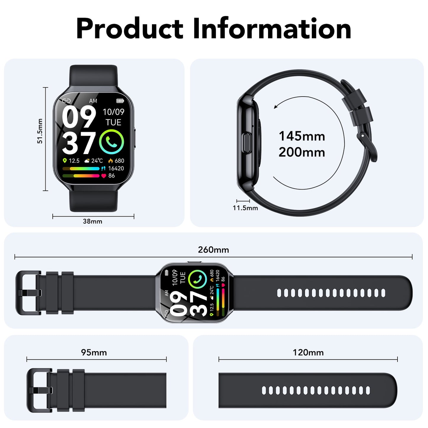 Smart Watches Fit for Android and iPhone, IP68 Waterproof Smartwatch for Women Men 110+ Sports Modes 1.96-inch Fitness Tracker, Smart Watch with Bluetooth Call, for Gift Black