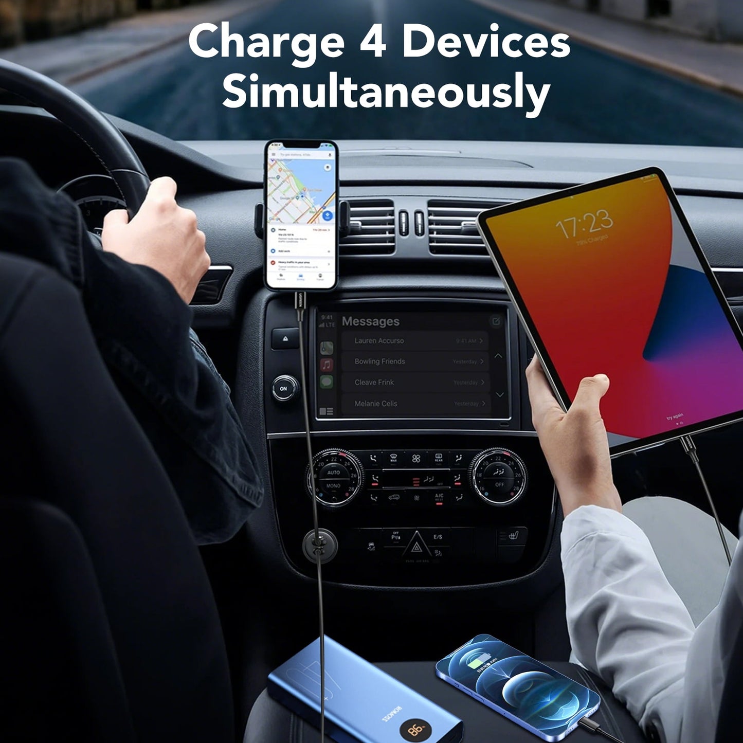 Fast Car Charger Adapter, 4 in 1 charging, Type-C, Lightning Charging Plug, USB C & USB A Ports, Compatible with Most mobile phones, For Road Trips & Daily Commute