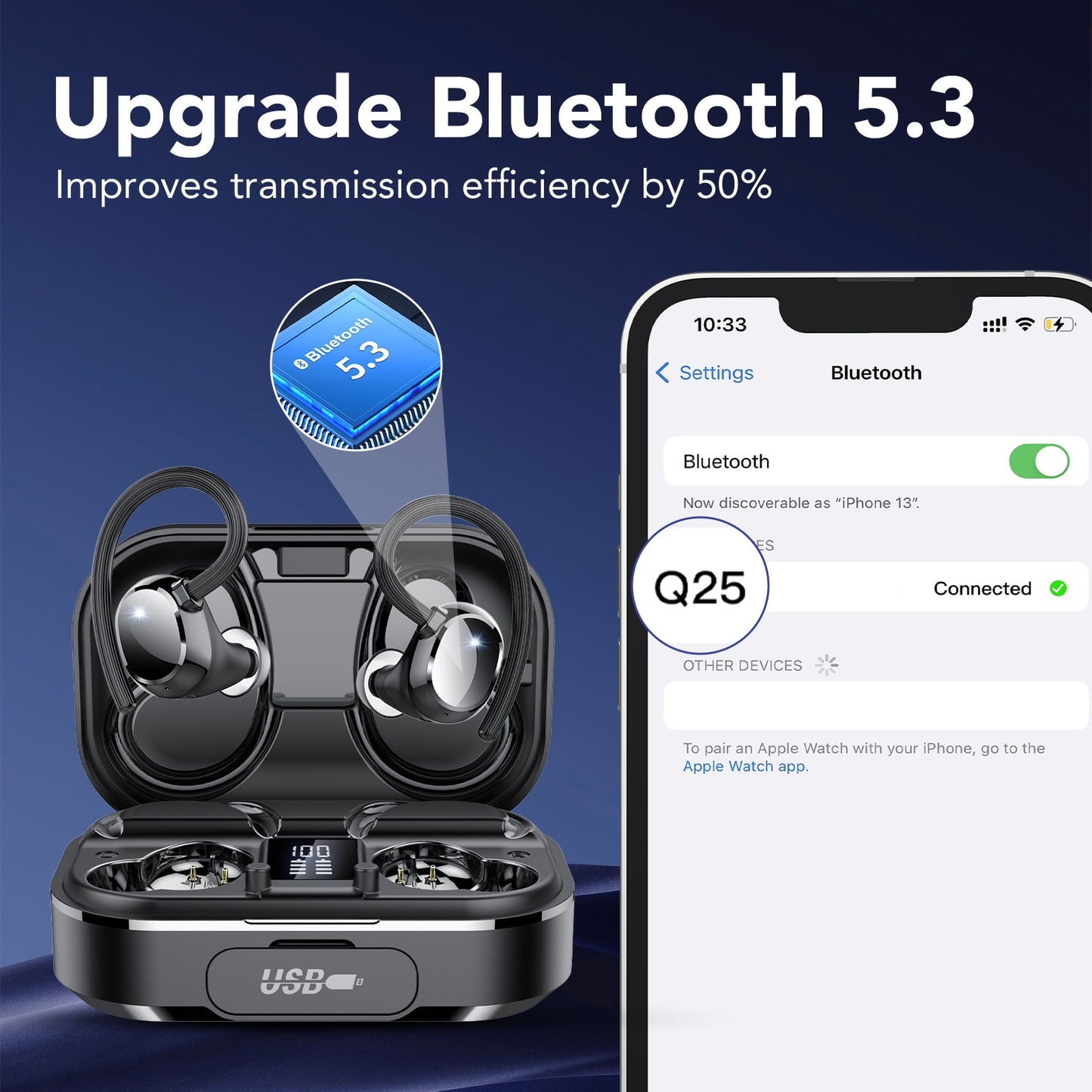 Tikland Wireless Earbuds 120H Bluetooth 5.3 Headphone Sport, 2025 Bluetooth Earbuds Stereo Deep Bass Over Ear Bud with Earhooks, ENC Noise Cancelling, IPX7 Waterproof Earphone Fits for Android iPhone