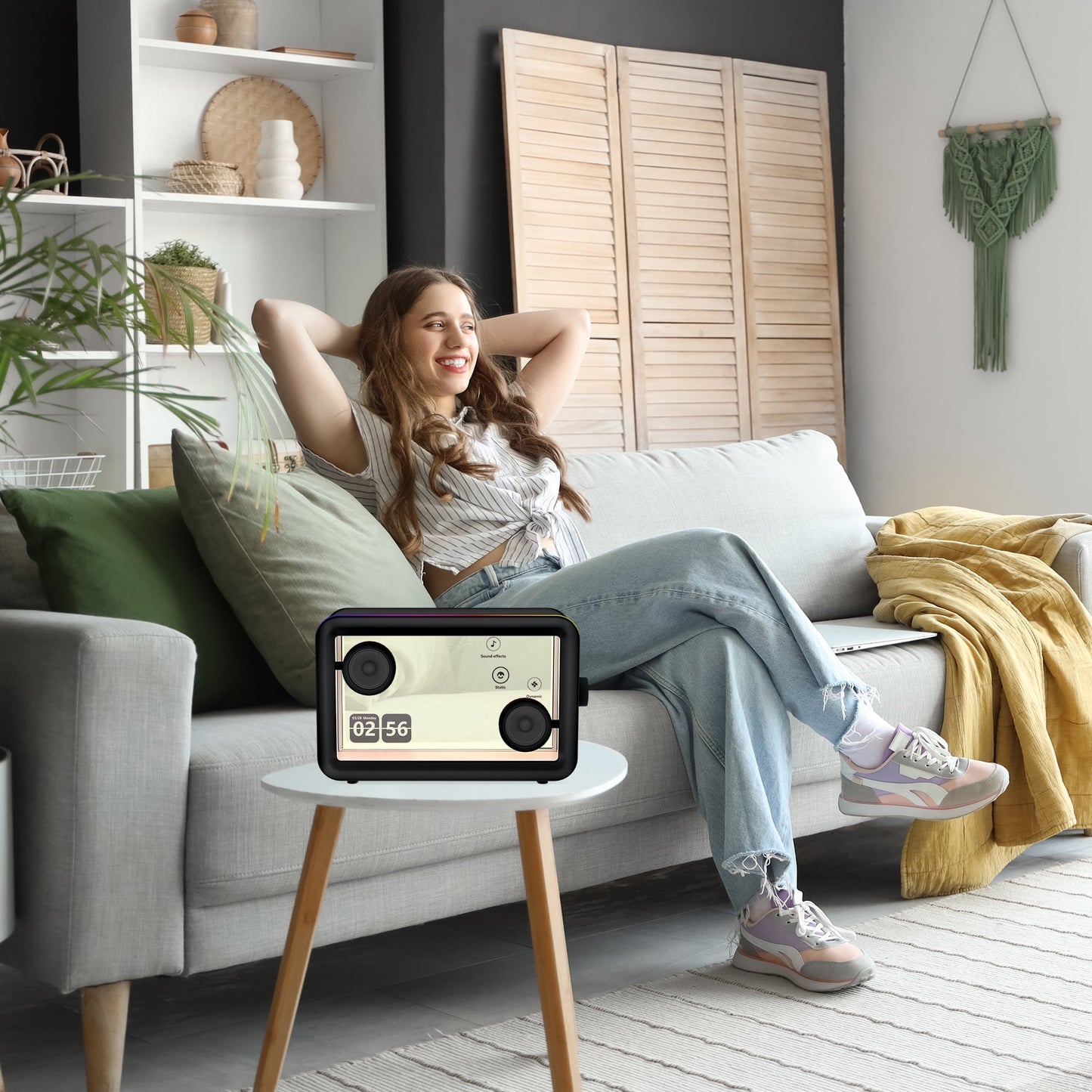 AEEZO Bluetooth Speaker,with HD sound Hi-Fi Soundbar Speaker and Transparent Glass Screen, Dynamic Floating Lyrics, Digital Frame Function, LED Light Show,2.4G Wifi - Black