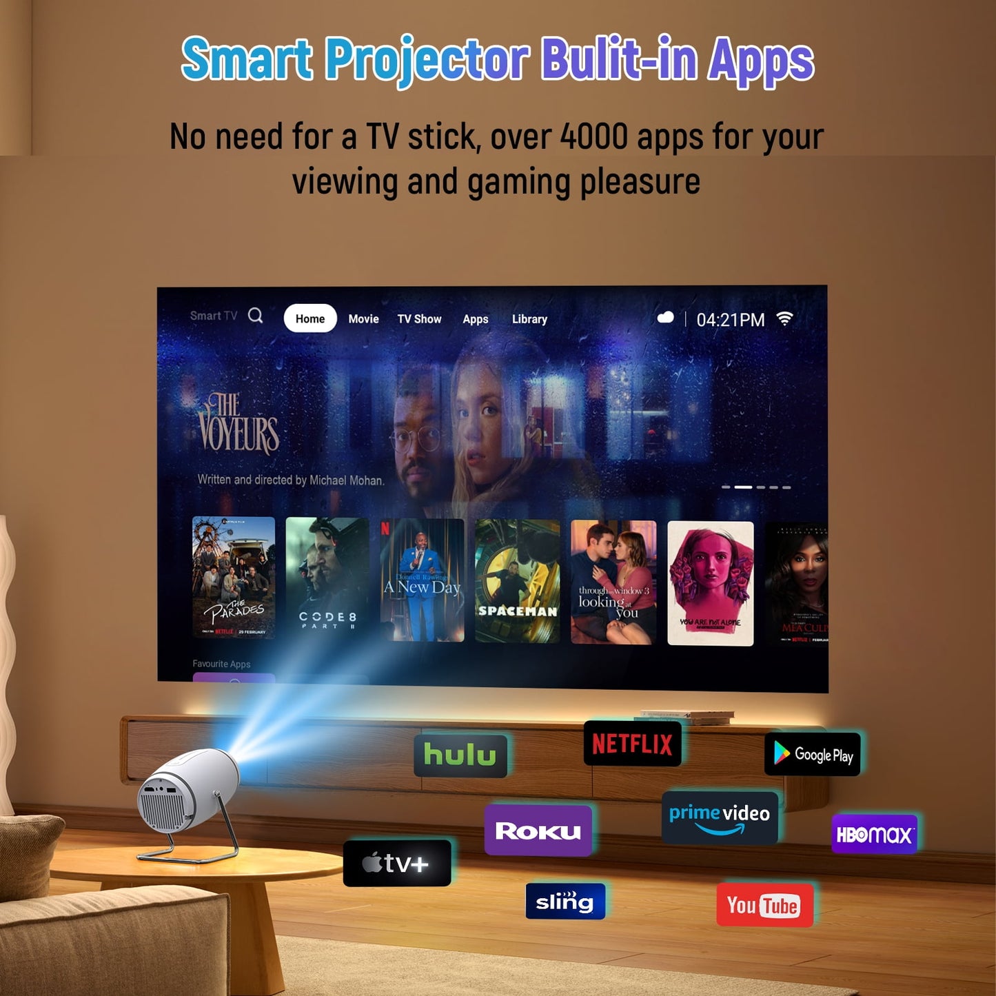Mini projector with WiFi and Bluetooth, Outdoor Portable Movie Projector 1080P Support, Auto Keystone Home Projector for Phone/TV Stick/Laptop