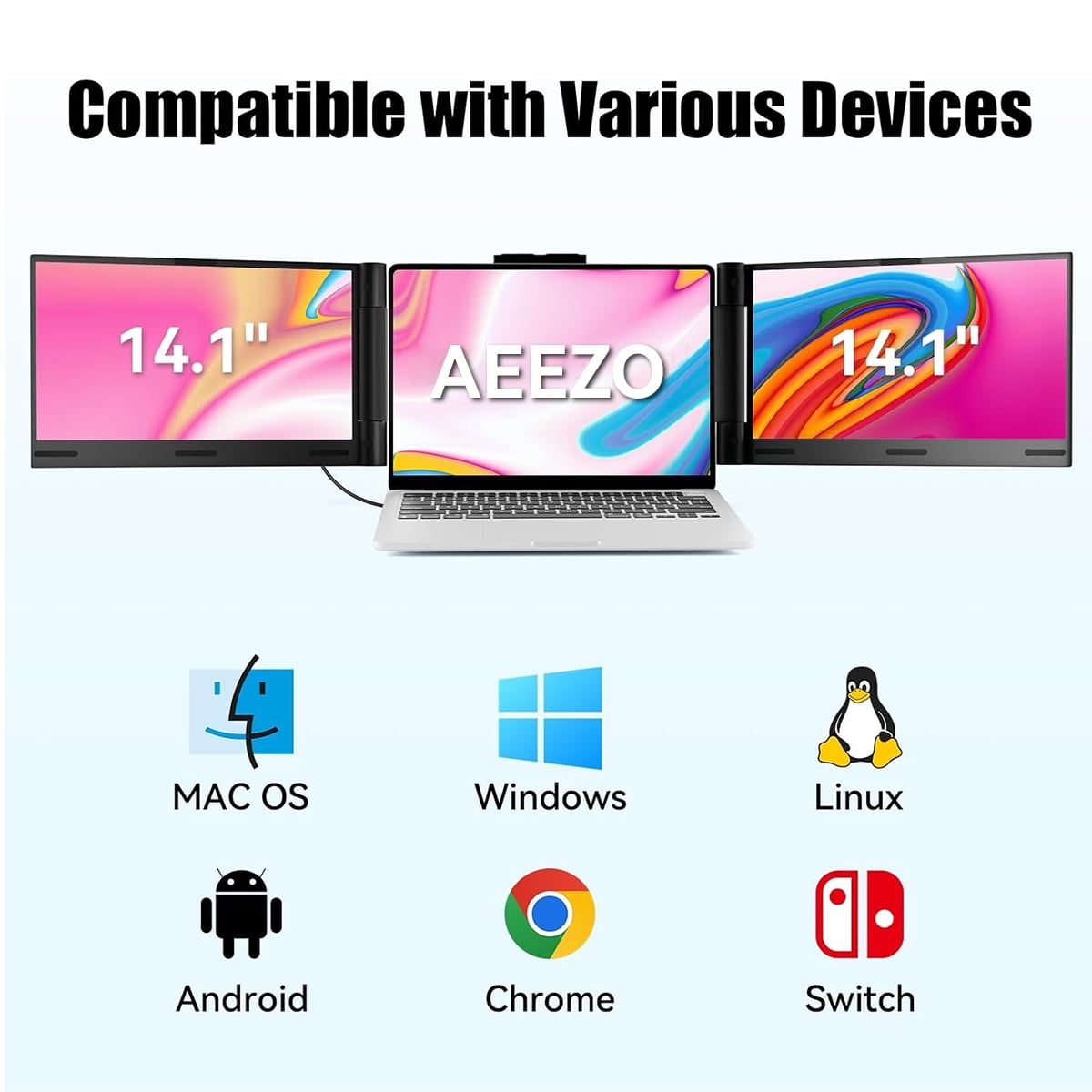 AEEZO 14" 1080P IPS Laptop Screen Extender | 280° Rotatable Portable Monitor, Plug & Play, Fits 13-17.3" Laptops, Compatible with Windows/Mac/Android/Chrome(Type-C/USB Interfaces, Requires DP)