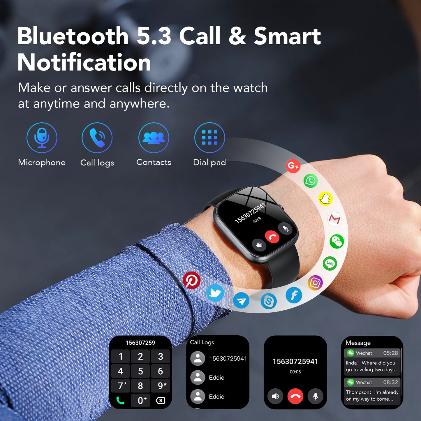 Smart Watch Fits for Android and iPhone, IP68 Waterproof Smartwatch for Women Men 100+ Sports Modes 1.91-inch Fitness Tracker, Smart Watch with Bluetooth Call(Answer/Make Calls), for Gift Black