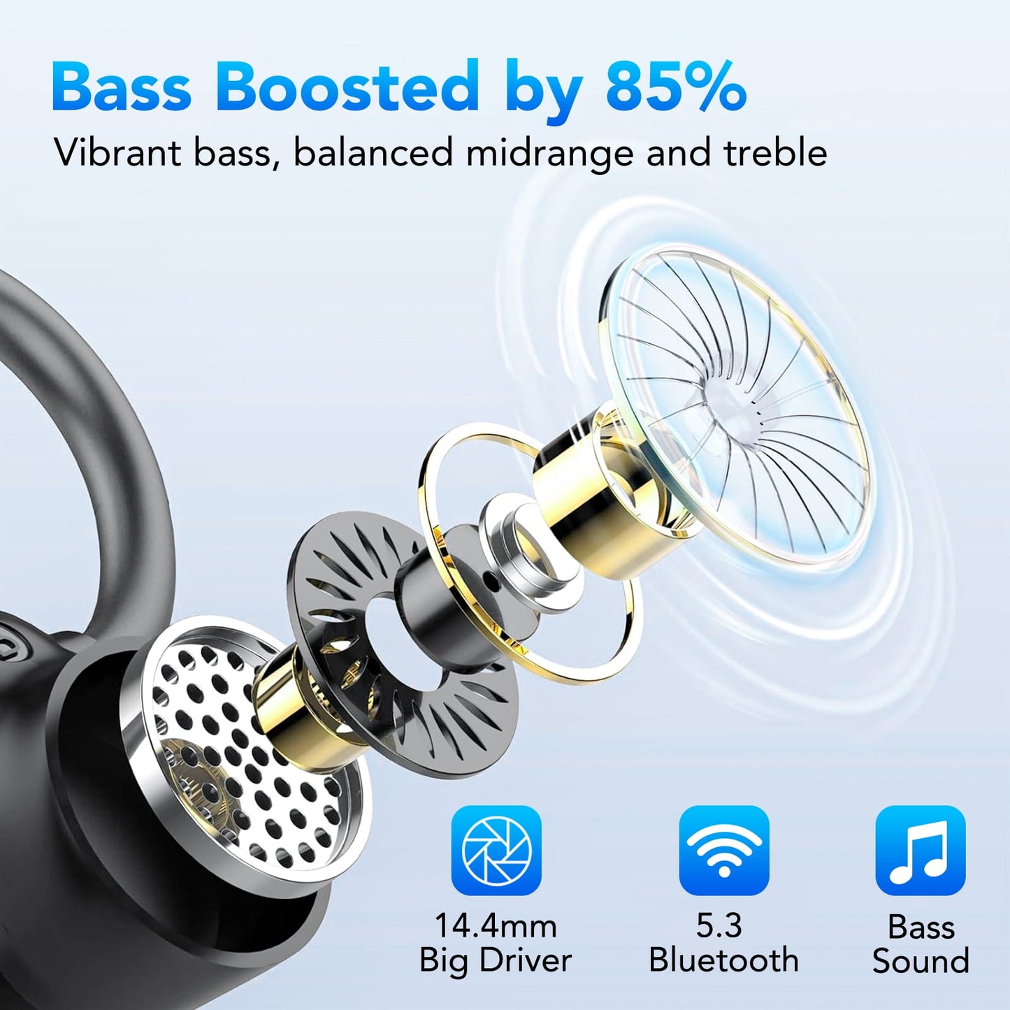 Wireless Earbuds 64hrs Bluetooth Headphone Sport, Bluetooth Earbuds Stereo Deep Bass Over Ear Bud with Earhooks, LED Display, ENC Noise Cancelling Mic, Earphones for Workout/Running, Black