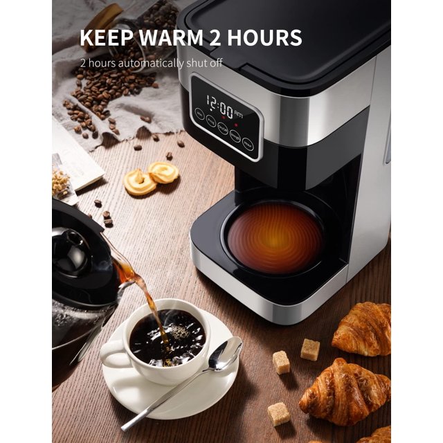 10-Cup Programmable Coffee Maker, Regular & Strong Brew Drip Coffee Machine for Home and Office, Auto Shut Off, Permanent Filter, Silver