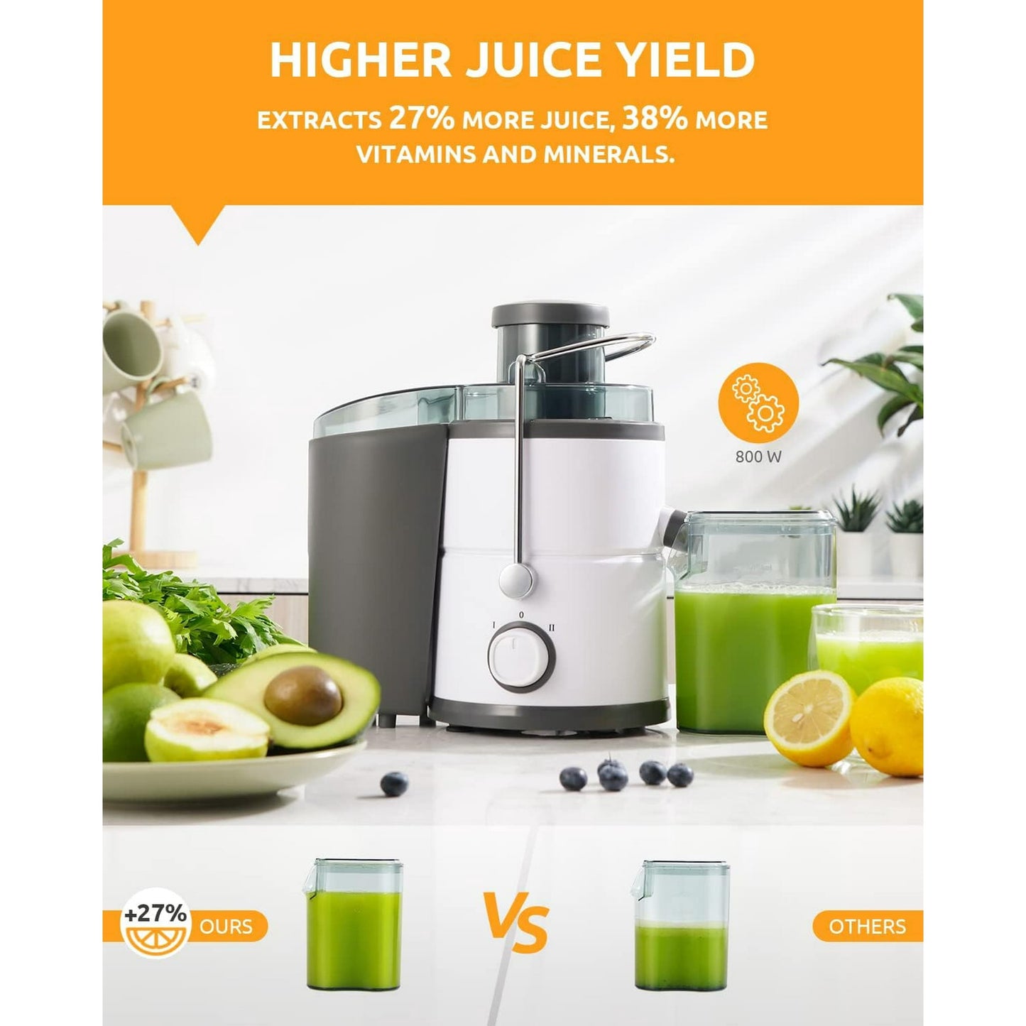 Juicer with 800W Motor, SHARDOR Juicer Machine with 3” Feed Chute, Dual Speeds Juice Maker for Fruits and Veggies, Anti-Drip Function Centrifugal Juicer, Include Cleaning Brush, BPA-Free, White