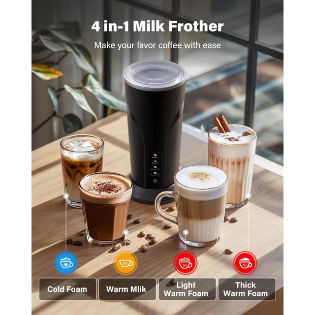 4-in-1 Milk Frother and Steamer, Electric Milk Steamer with Keep Warm Function, Automatic Warm and Cold Foam Maker for Coffee, Latte, Hot Chocolate, Macchiato, Cappuccinos, Black
