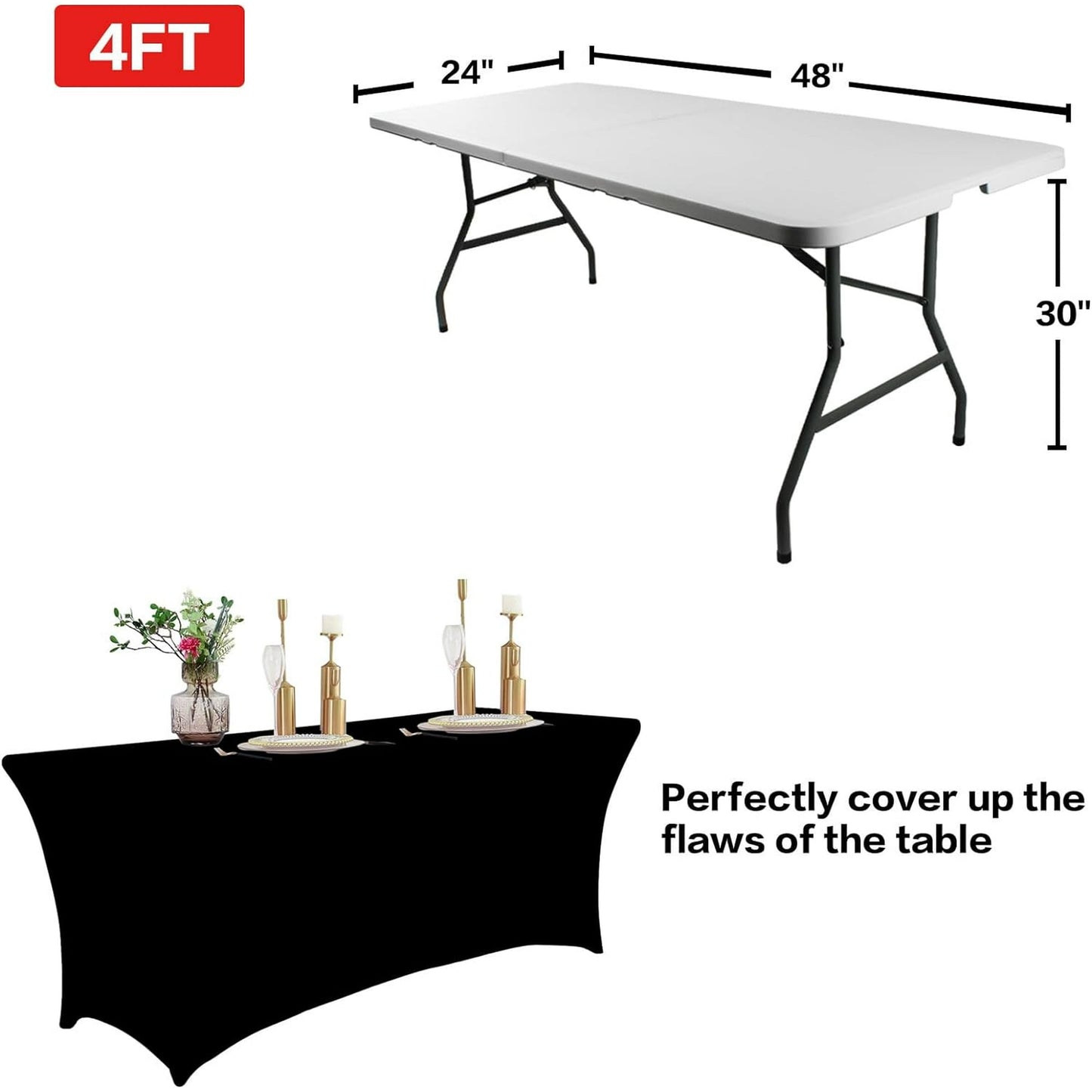 Parojati 1 Pack 4FT Table Cloth for Rectangular Fitted Events Stretch Pink Table Covers Washable Spandex Tablecloth Protector for Party, Wedding, Cocktail, Banquet, Festival Black