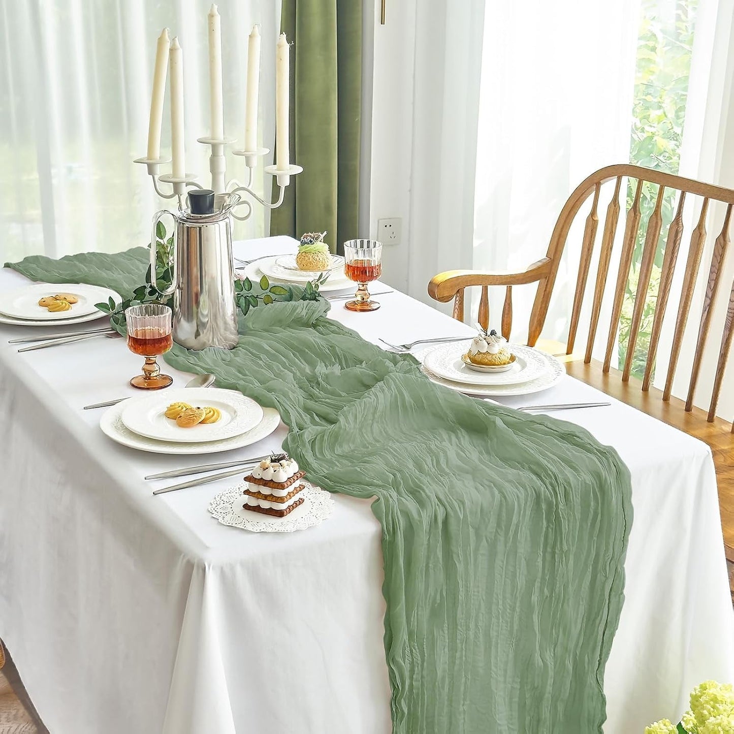 Parojati 1 Pcs Cheesecloth Table Runner 35'' x 120'' inch Nude Boho Gauze Cheese Cloth Table Runners Chair Sashes for Baby Shower Decoration Wedding Party Summer Garden Farmhouse (Sage Green)