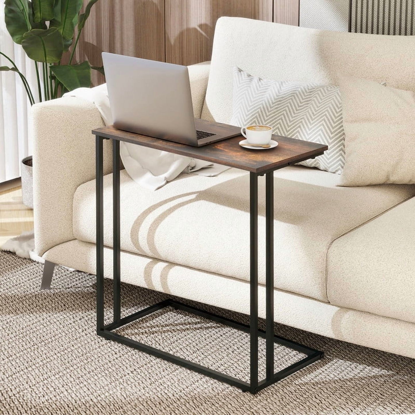 Krpimt C-Shaped End Table for Sofa & Bed Small Side Table with Metal Frame for Bedroom, Living Room, Rustic Brown