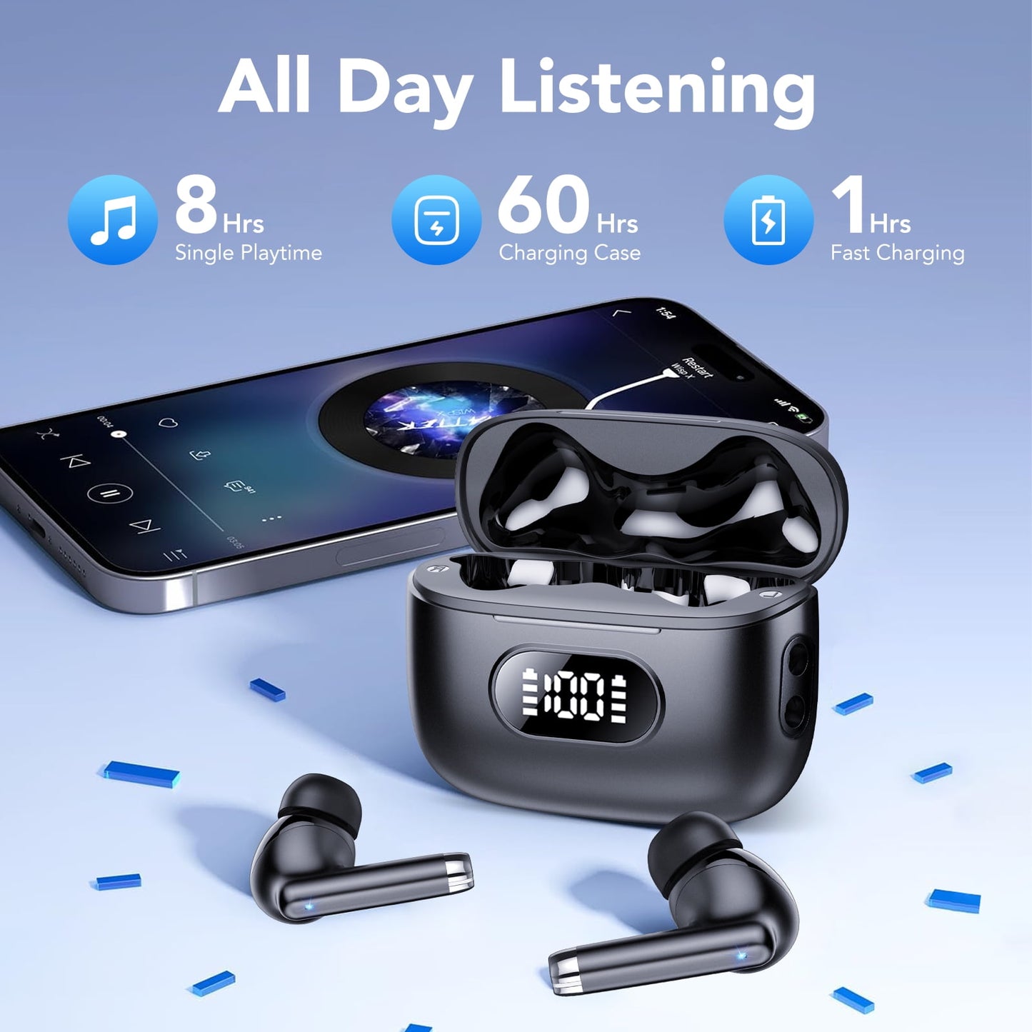Wireless Ear Buds, Earbuds Bluetooth 5.3 Headphones 60H Playtime LED Display, HiFi Stereo Sound Waterproof in-Ear Earphones with 4 Microphone