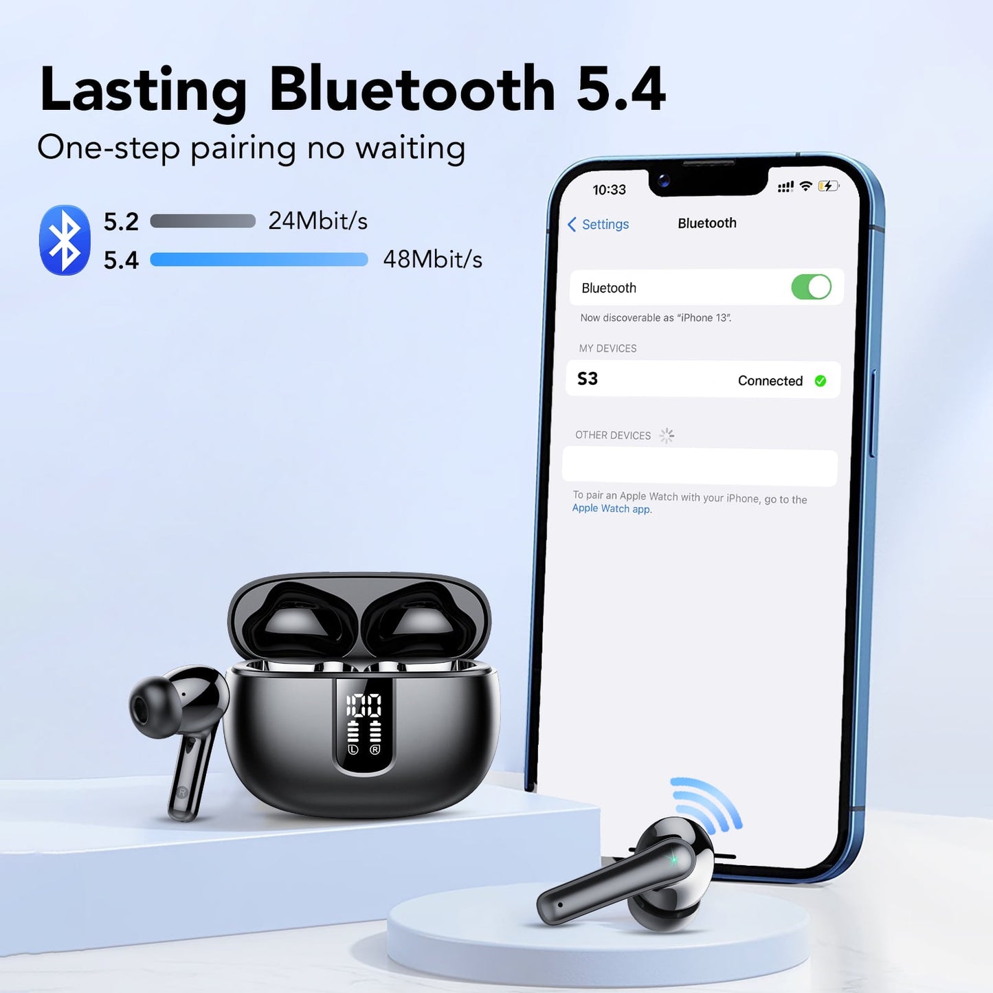Bluetooth Headphones True Wireless Earbuds 40H Long Playback, Stereo Deep Bass, LED Display, IPX7, Lightweight in Ear Earphone, Noise Cancelling Headphones with Mic for iPhone Android, Black