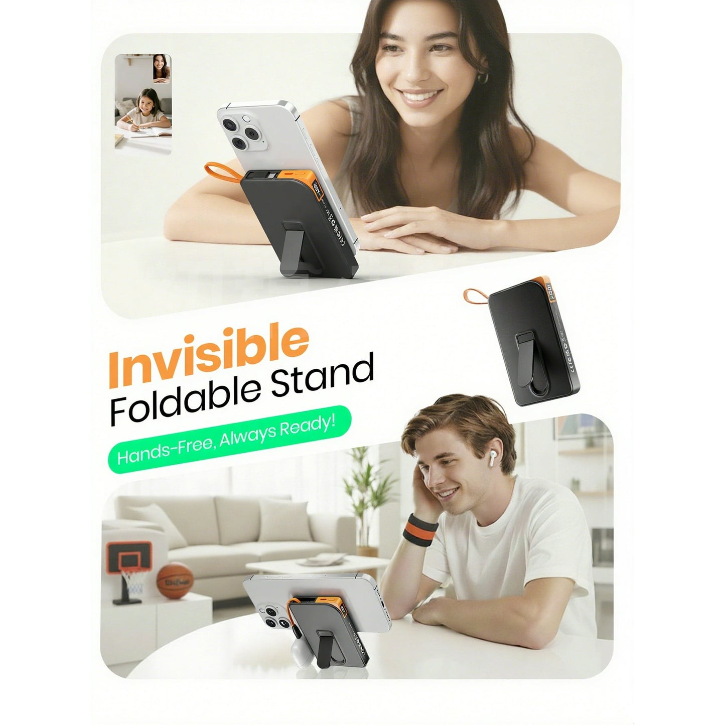 Magnetic Wireless Power Bank, 22.5W PD Fast Charging 10000mAh Battery Bank, Built-in USB-C Cable with Foldable Stand and LED Display, Magnetic Portable Charger for iPhone Series, iPad, Andriod, etc
