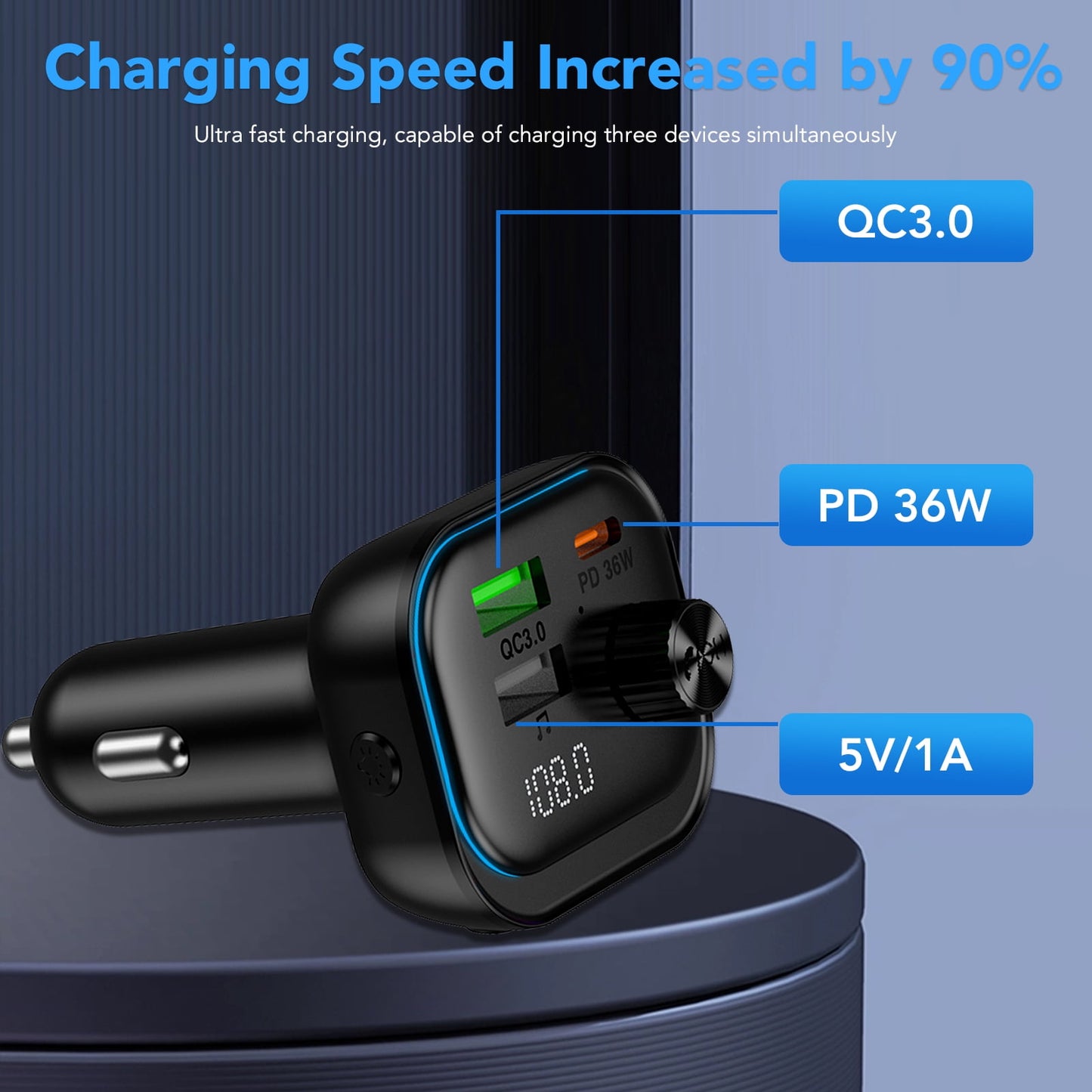 FM Transmitter Bluetooth with USB C Charger & Hands-Free Calling, Wireless Radio Adapter MP3 Player, Supports U Disk/AUX, Bluetooth FM Transmitter for Car, Compatible with iPhone/Android
