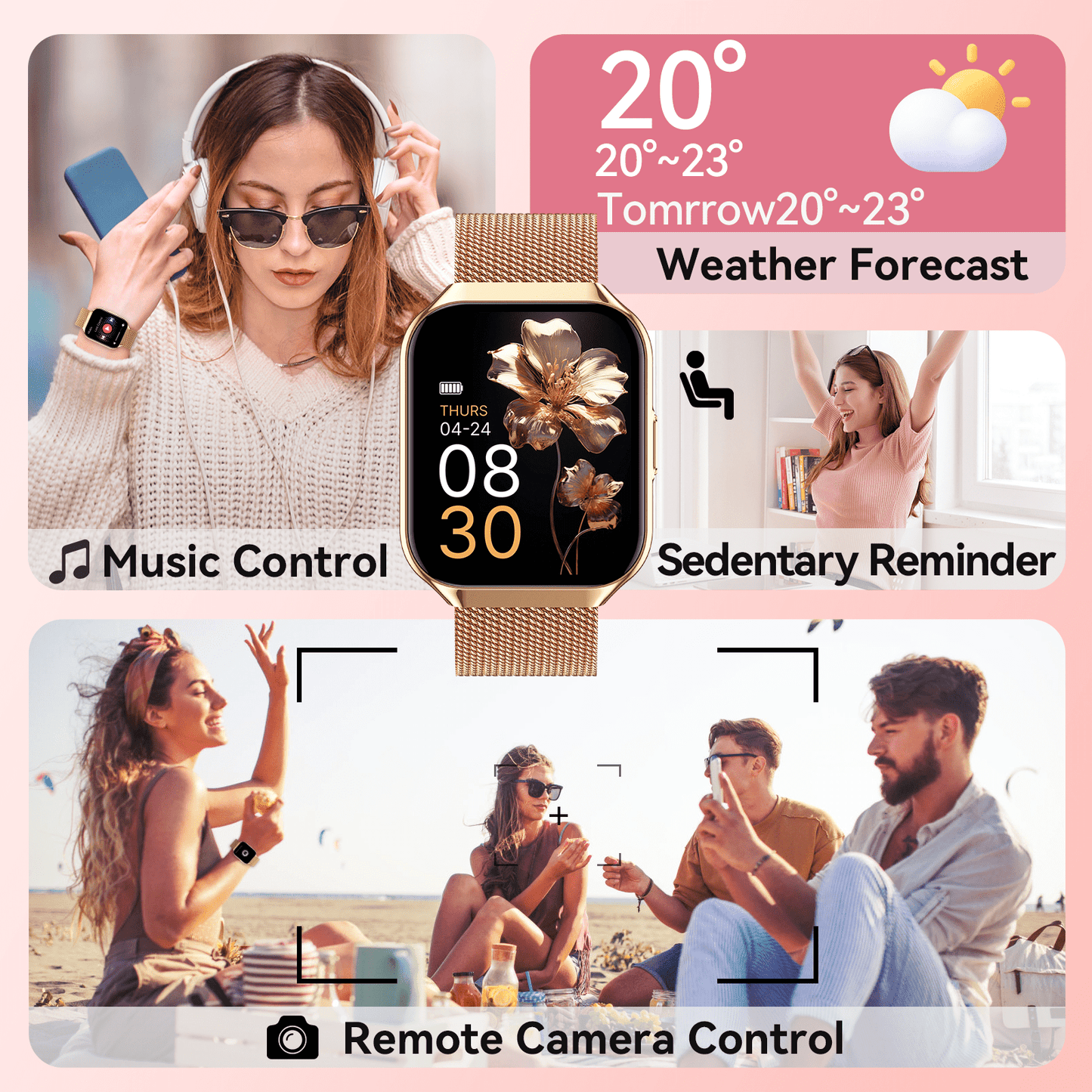 Tikland Smart Watch for Women 1.96'' Fitness Tracker Gold Smart Watches for Women Digital Watches 120 Sports Mode Make/Answer Call Waterproof Running Smartwatch Fits for Android iPhone 2 Straps