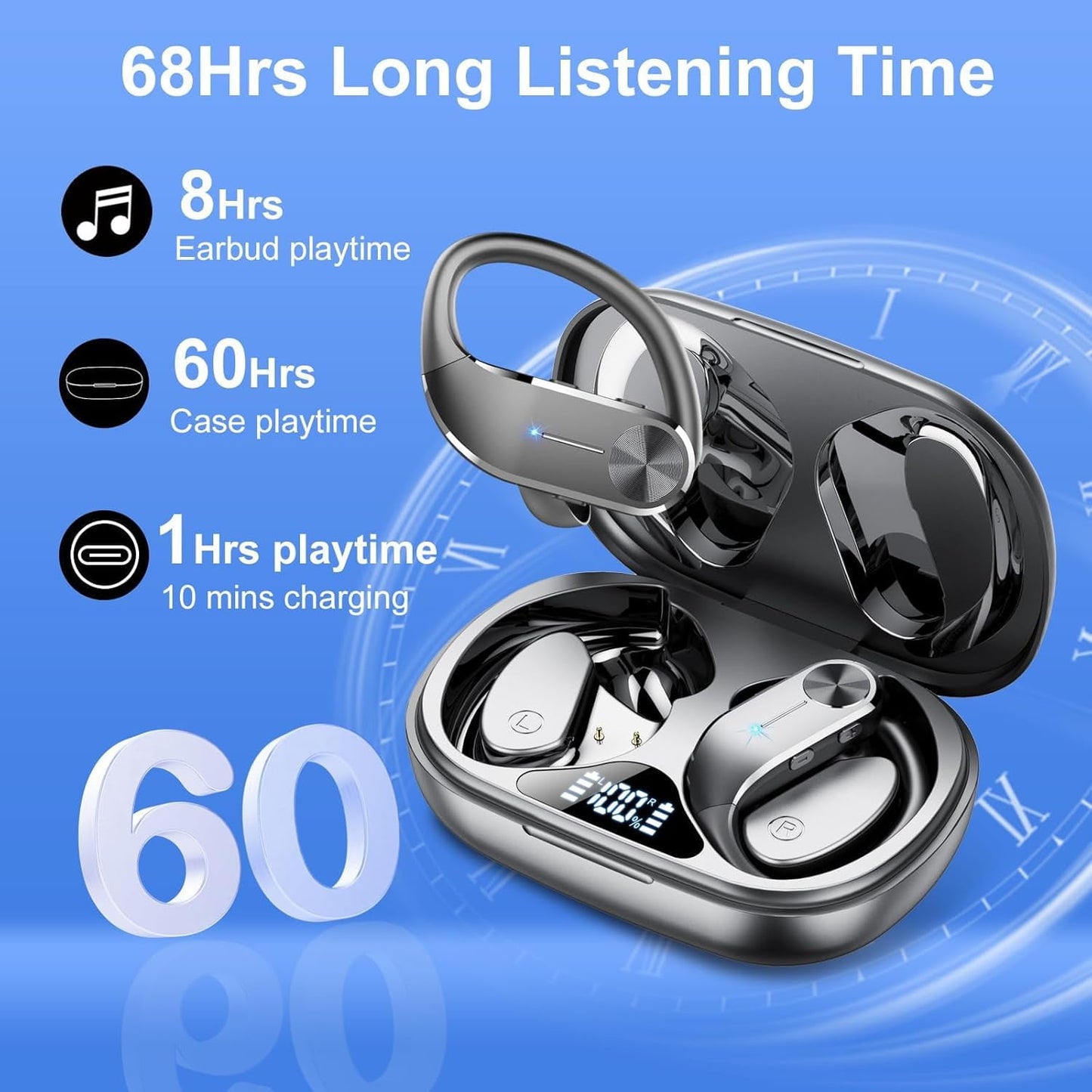 Open Ear Earbuds, Bluetooth 5.4 Wireless Earbuds with Ear Hooks, 60Hrs Playtime Bluetooth Headphones, HD Stereo Bass Over Ear Earphones, IP8 Waterproof Ear Buds for Workout/Running, Black