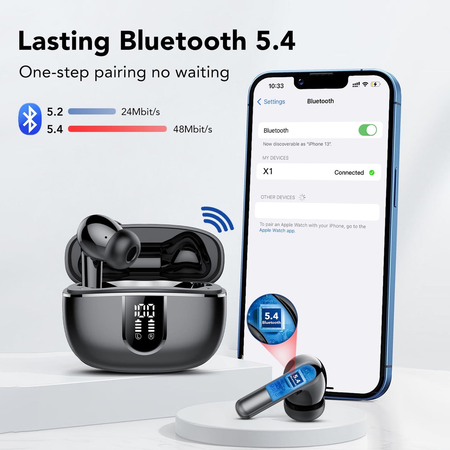 Wireless Earbuds, Bluetooth Headphones 5.4, Bass Boost 85%, 50Hrs Playtime Bluetooth Earbuds with 4 ENC Call Noise Cancelling Mics, IP7 Waterproof Sports Ear buds for Android iOS Black