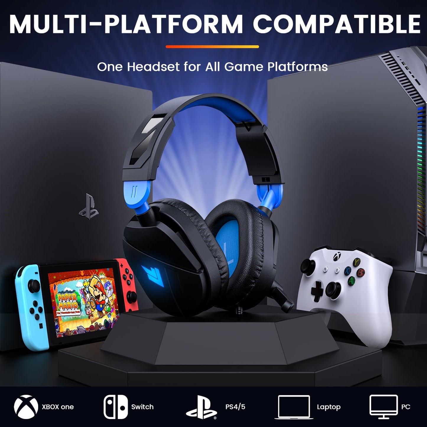 Aptkdoe Gaming Headsets for PC, Gaming Headphones with Noise Canceling Mic, PS5 PS4 Headset with Soft Memory Earmuffs, LED Light, Stereo Sound, 2m Wired Over Ear Headphones for Xbox One, Laptop, Mac