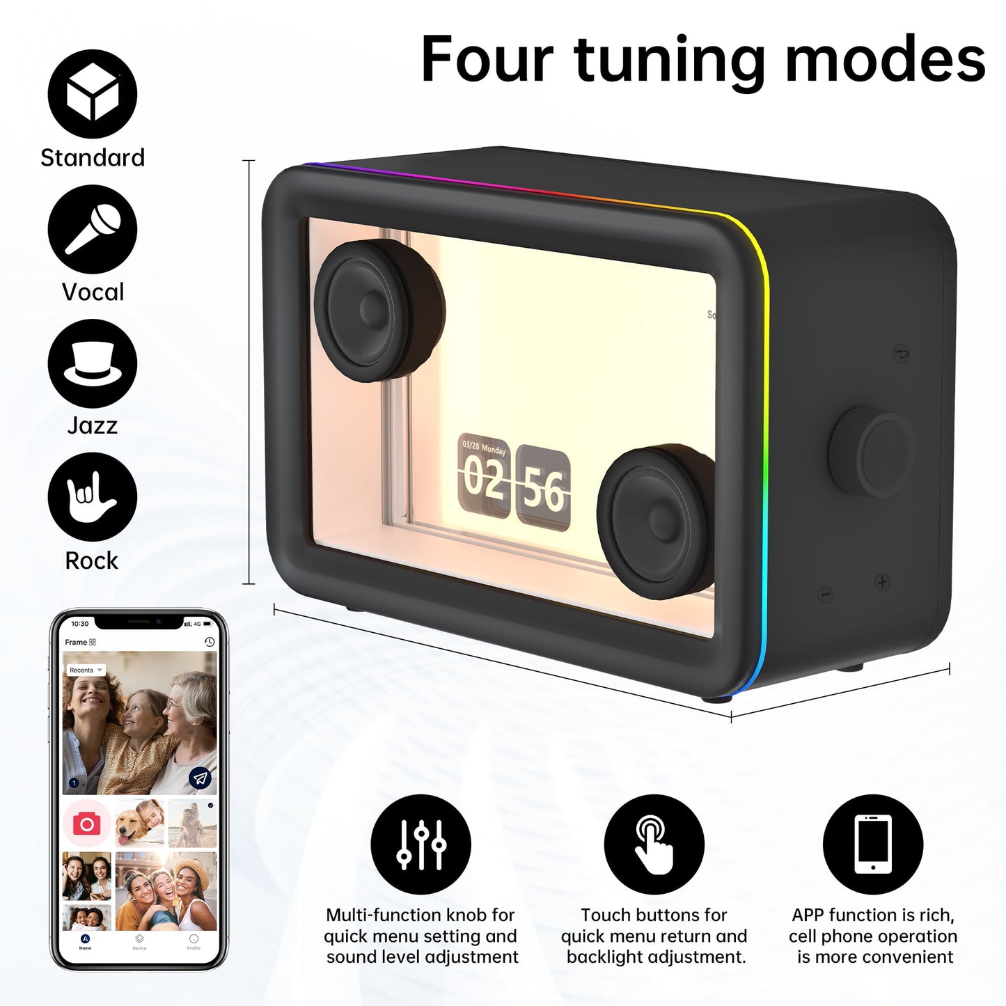 AEEZO Bluetooth Speaker,with HD sound Hi-Fi Soundbar Speaker and Transparent Glass Screen, Dynamic Floating Lyrics, Digital Frame Function, LED Light Show,2.4G Wifi - Black