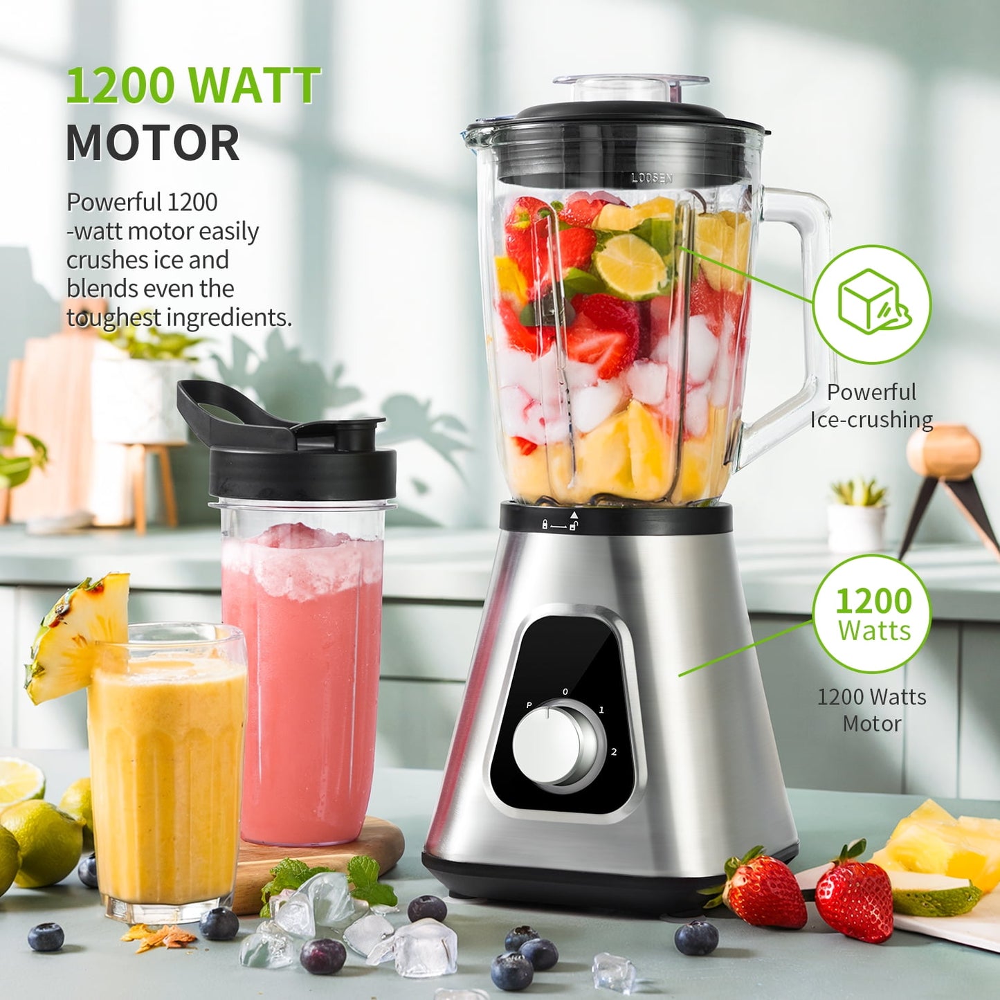 1200W Smoothie Blender, 52 Oz Countertop Blender for Shakes & 22 Oz Juicer Cup, 3 Adjustable Speed for Frozen Fruit Drinks, Smoothies, Sauces, Large Capacity