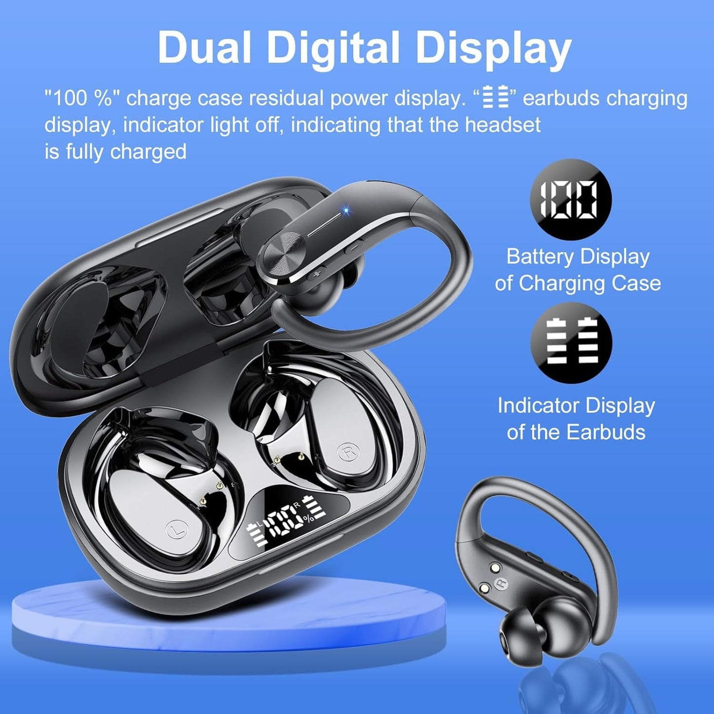 Open Ear Earbuds, Bluetooth 5.4 Wireless Earbuds with Ear Hooks, 60Hrs Playtime Bluetooth Headphones, HD Stereo Bass Over Ear Earphones, IP8 Waterproof Ear Buds for Workout/Running, Black